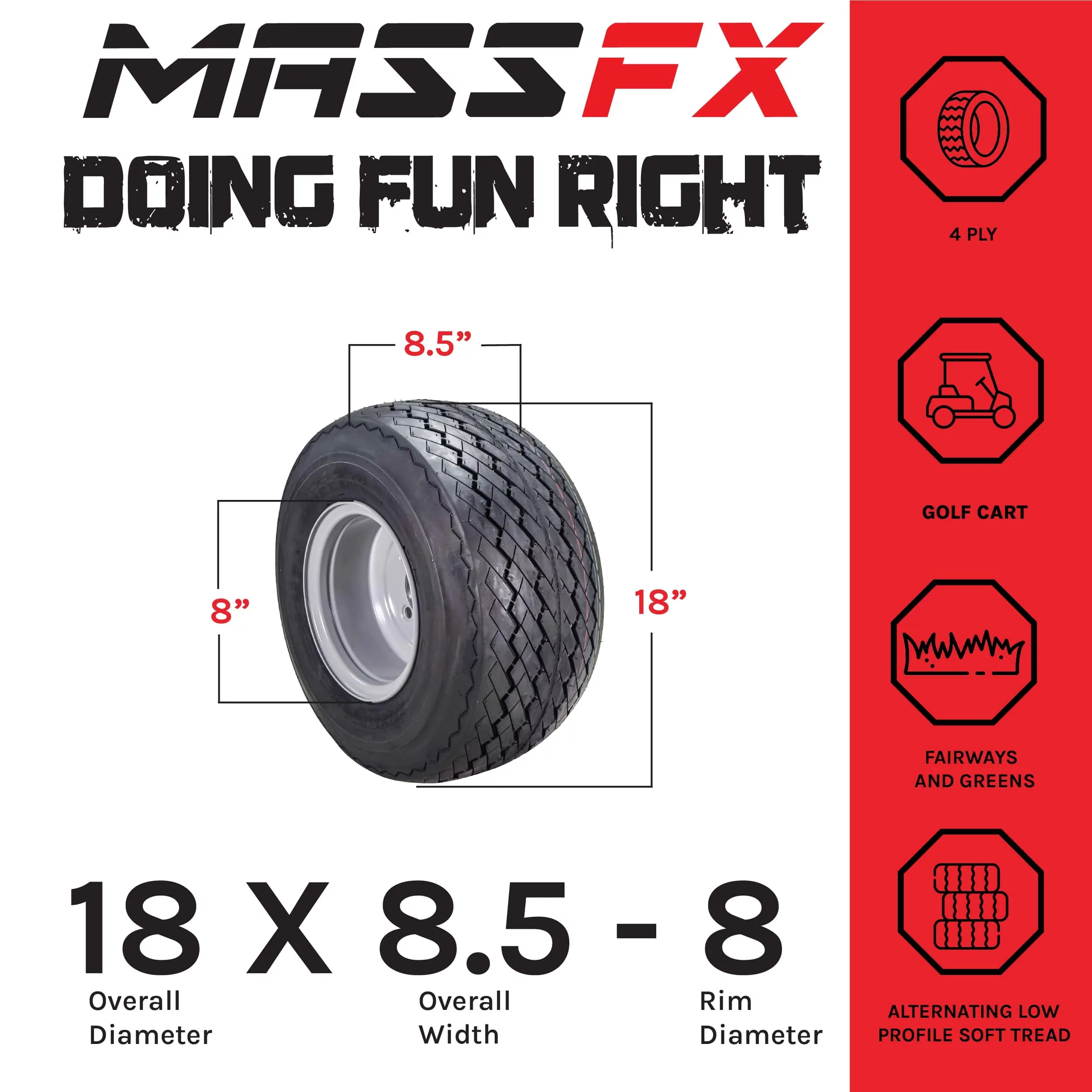 MASSFX 18x8.5-8 Golf Cart, Turf, Lawn & Garden Tire 4 Ply & 4/4 Matt Black Wheel Assembled Kit 18x8.5x8 - Inhomebuy