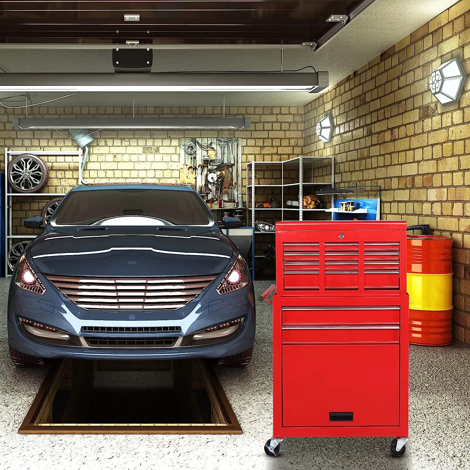 TUFFIOM 8-Drawer Rolling Tool Chest w/Lock & Key, Tool Storage Cabinet w/Wheels, Detachable Top, Drawers, Side Hooks & Drawer Liners, Tool Organizer Box for Garage, Warehouse & Repair Shop - Inhomebuy