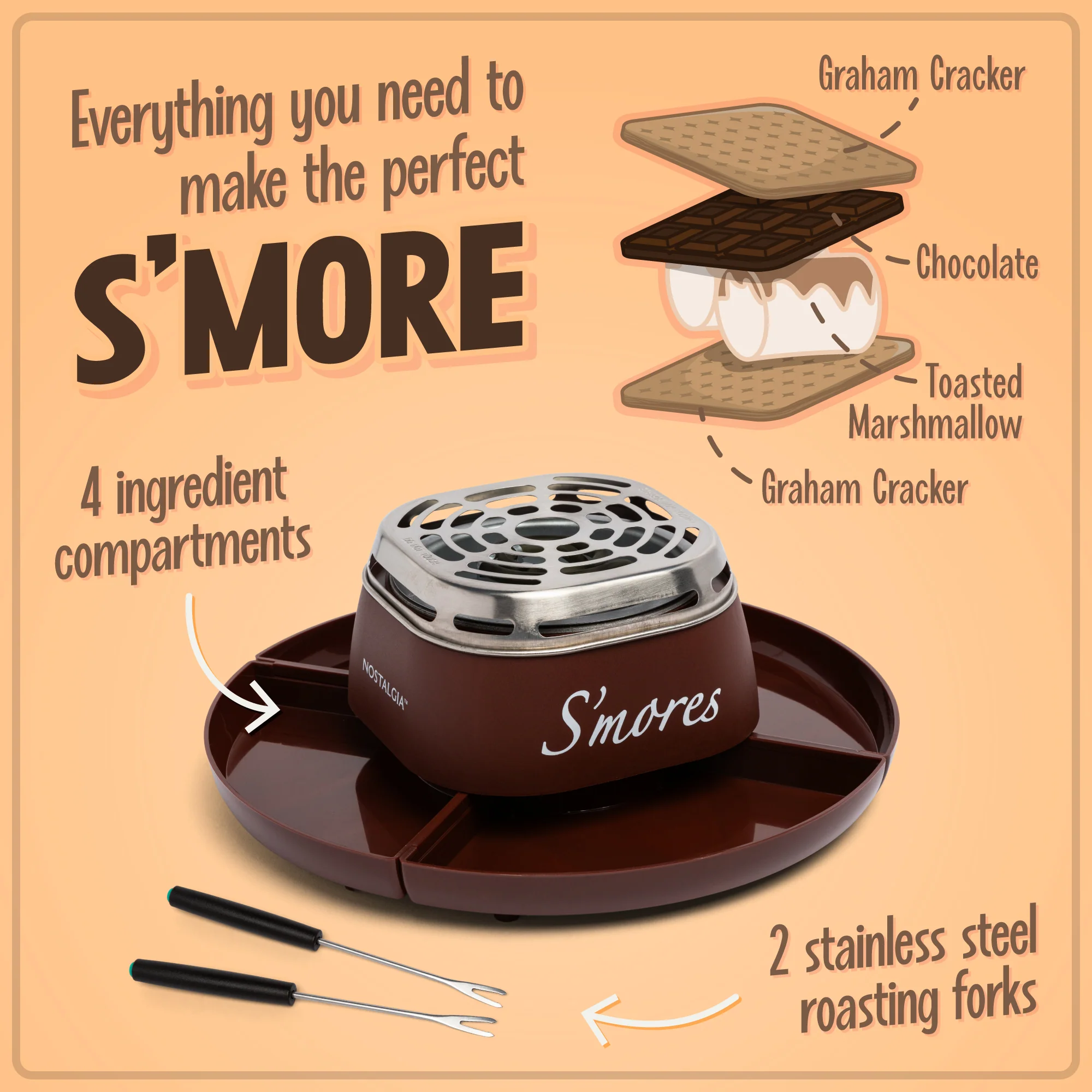 Indoor Electric Stainless Steel S'mores Maker with 4 Compartment Trays for Graham Crackers, Chocolate, Marshmallows and 2 Roasting Forks - Inhomebuy