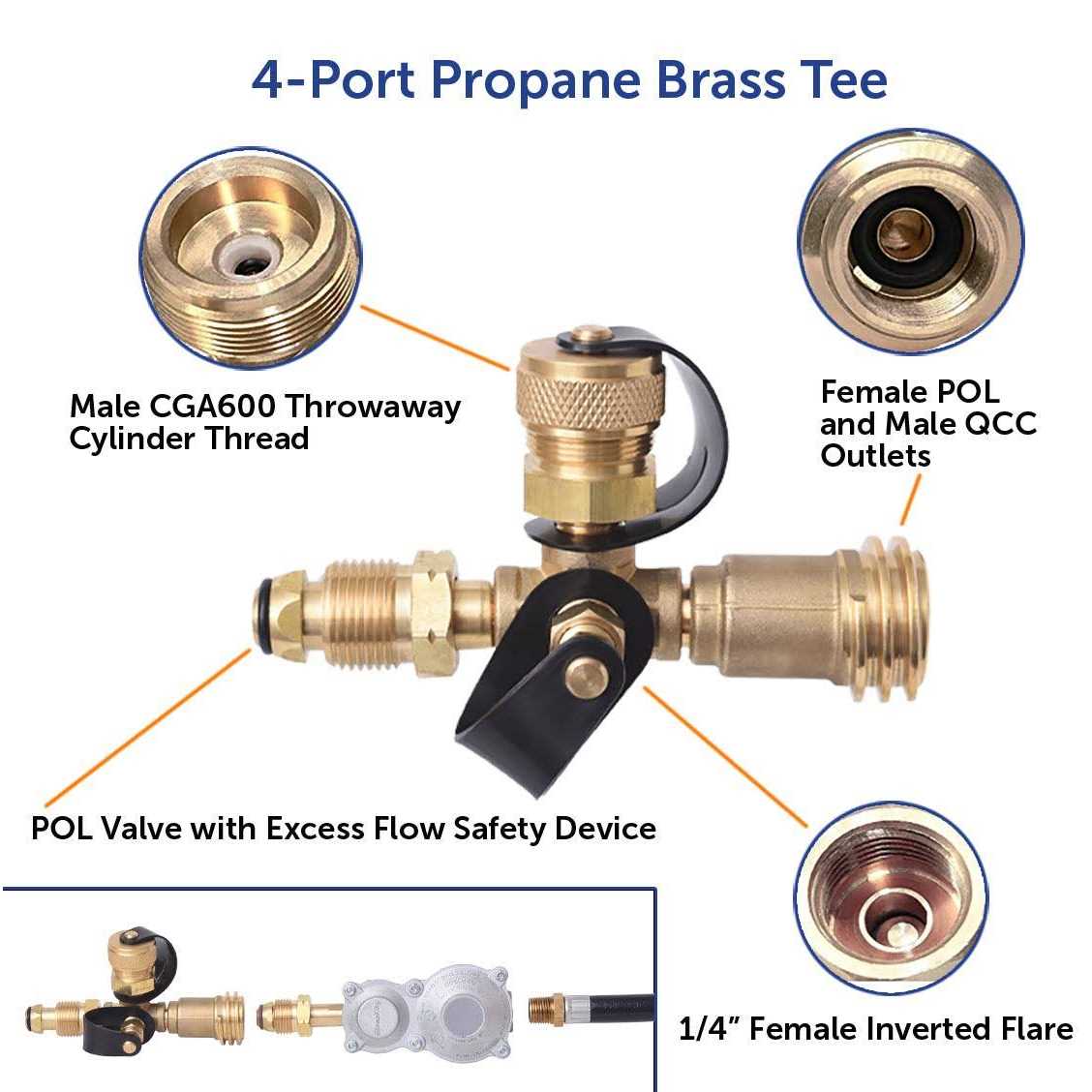 Flame King 4 Port Brass Tee Propane Adapter - Inhomebuy