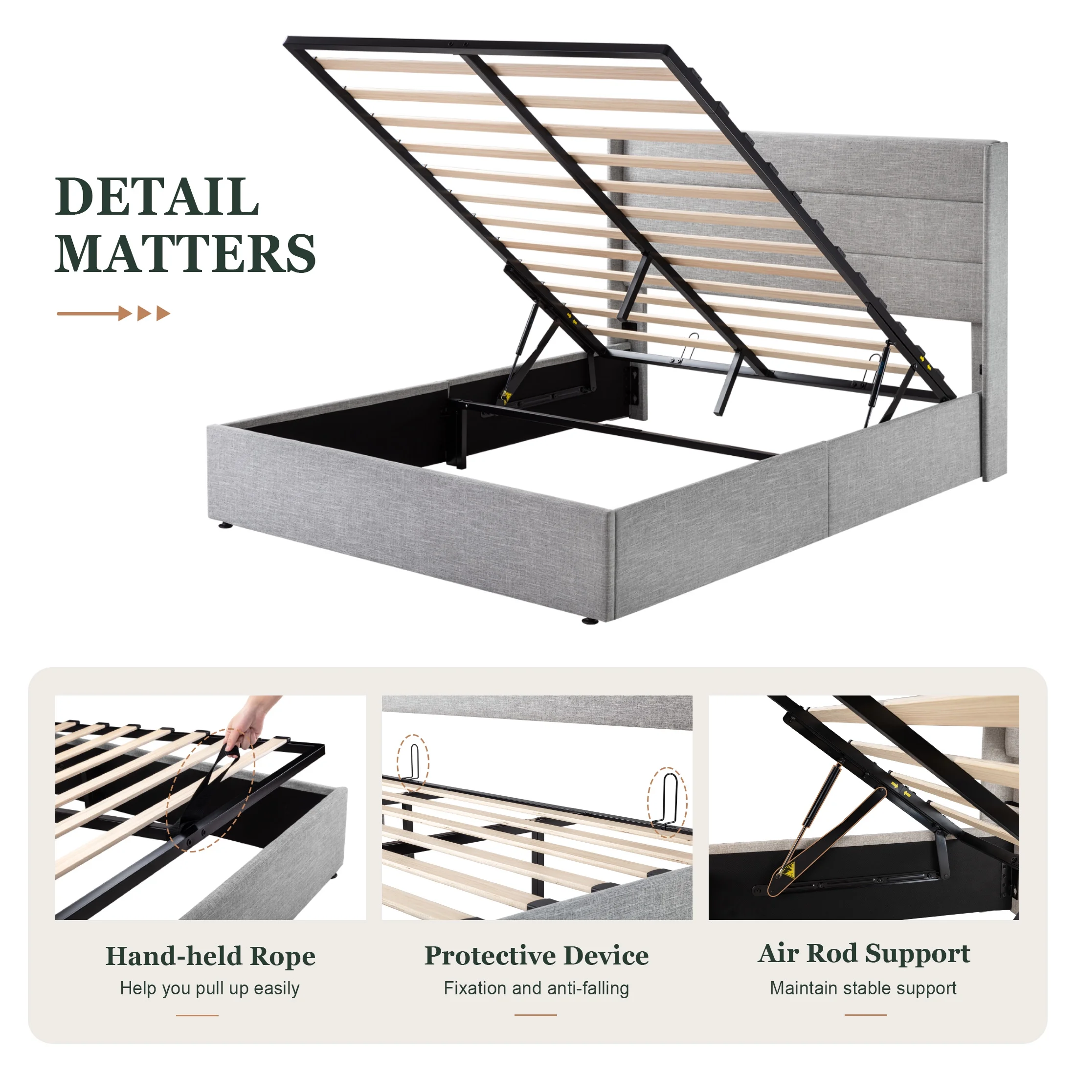 Amolife King Size Upholstered Lift up Storage Platform Bed Frame with Channel Wingback Headboard, Beige, Adult - Inhomebuy