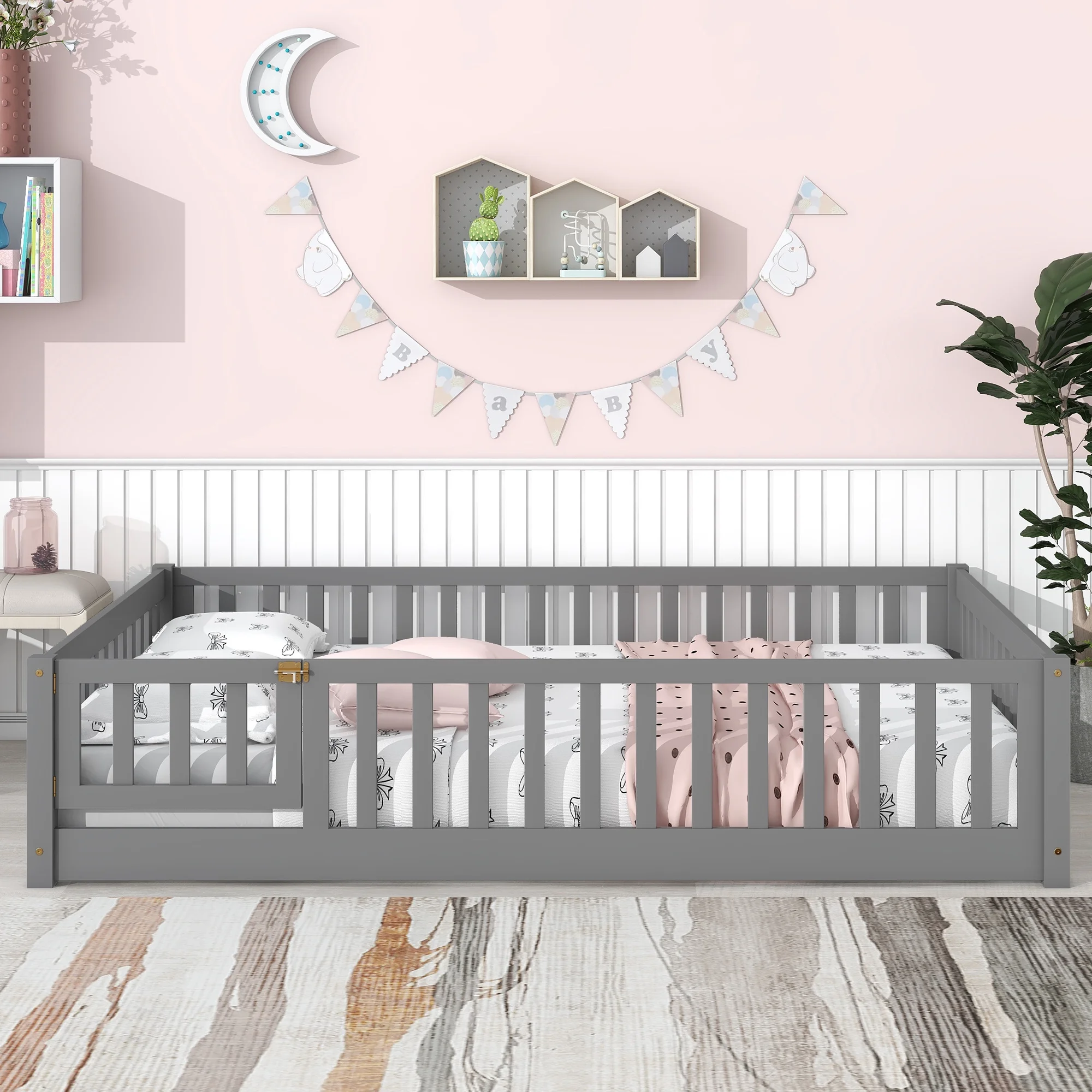 uhomepro Kids Toddler Bed with Fence and Door, Full Size Platform Bed Floor Bed, Wood Bed Frame No Box Spring Needed, Gray - Inhomebuy