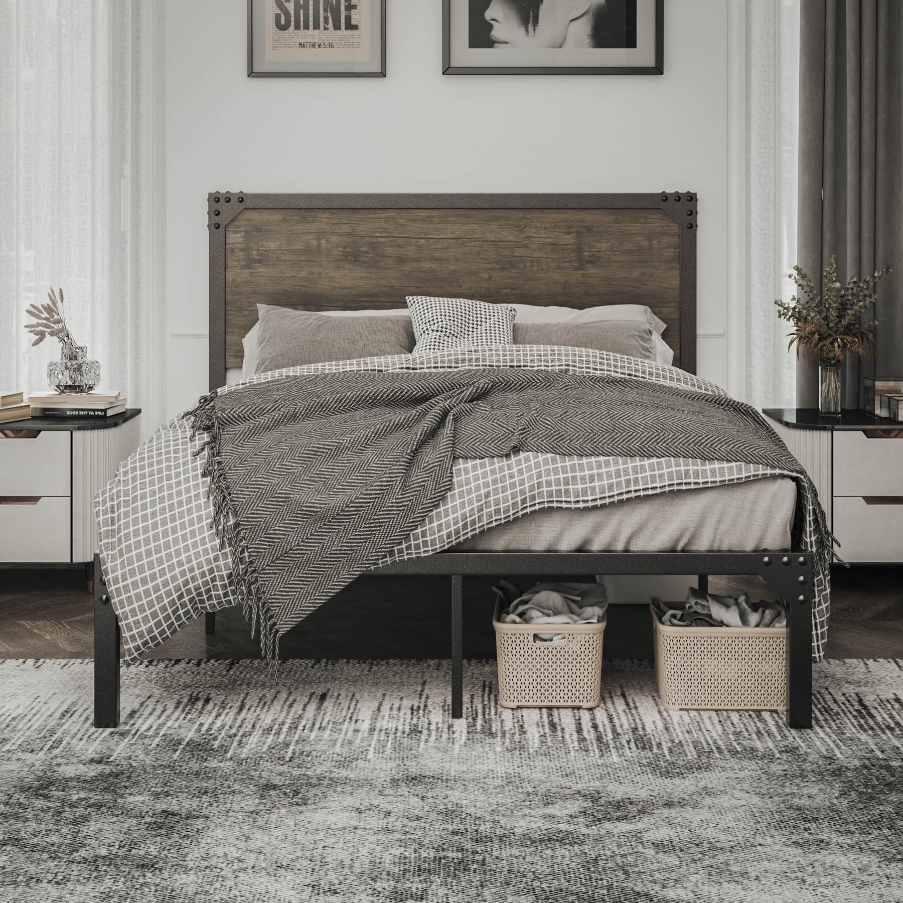 Allewie Queen Size Industrial Metal Platform Bed Frame with Wooden Rivet Headboard,  No Box Spring Needed, Brown - Inhomebuy