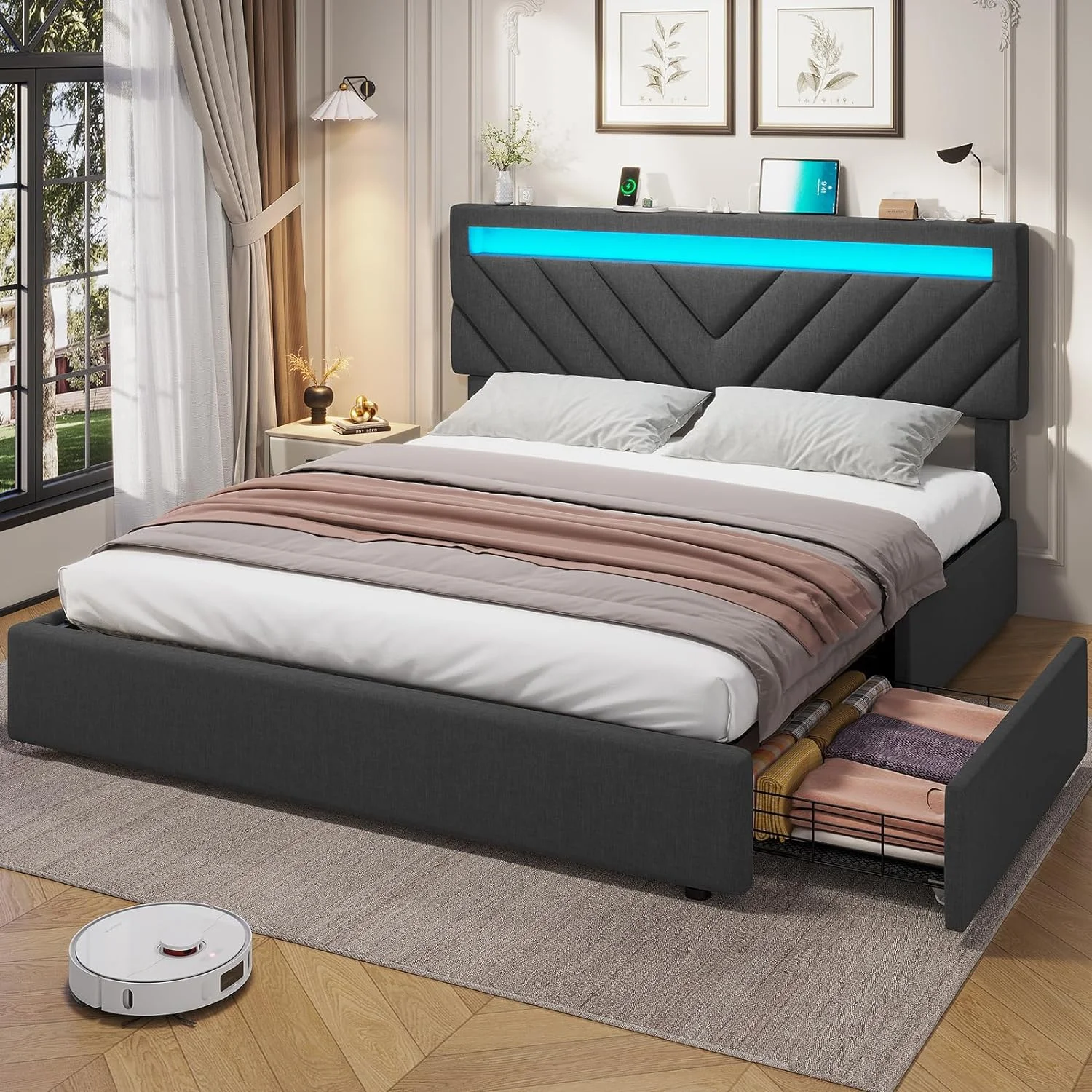 ADORNEVE Queen Size LED Bed Frame with Drawers, Upholstered Platform Bed with 2 USB Charging Station, No Box Spring Needed, Light Grey - Inhomebuy