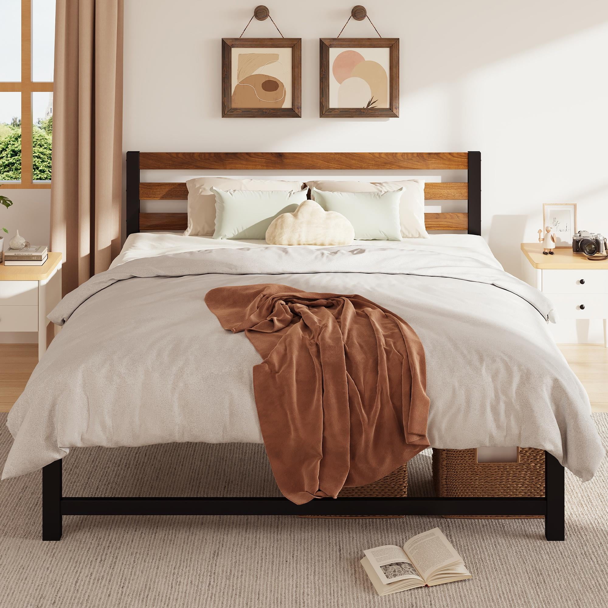 uhomepro Queen Platform Bed Frame with Headboard, Rustic Brown and Black Metal Platform Bed Frame with Heavy Duty Metal Slats, No Box Spring Needed - Inhomebuy