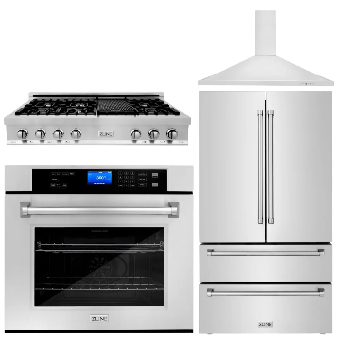ZLINE 4-Piece Appliance Package - 48 In. Rangetop, Range Hood, Refrigerator, and Wall Oven in Stainless Steel, 4KPR-RTRH48-AWS - Inhomebuy
