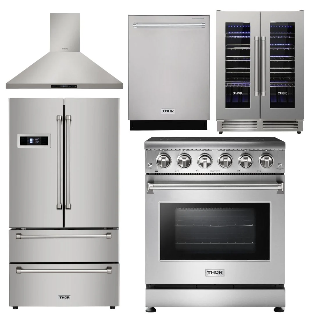 Thor Kitchen Package - 30 inch Electric Range, Range Hood, Refrigerator, Dishwasher, Wine Cooler, AP-HRE3001-4 - Inhomebuy