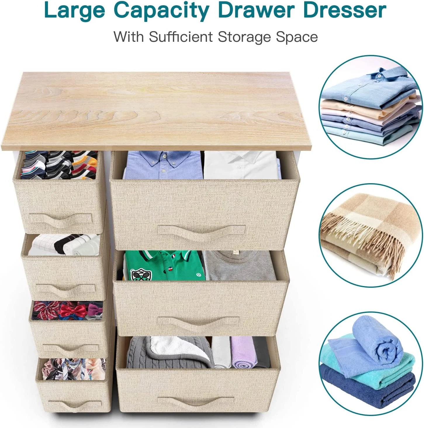 7 Drawer Fabric Dresser Wide Storage Tower with Wood Top Organizer Unit for Closet, Hallway, Entryway, Nursery Room, Bedroom, Living Room - Inhomebuy