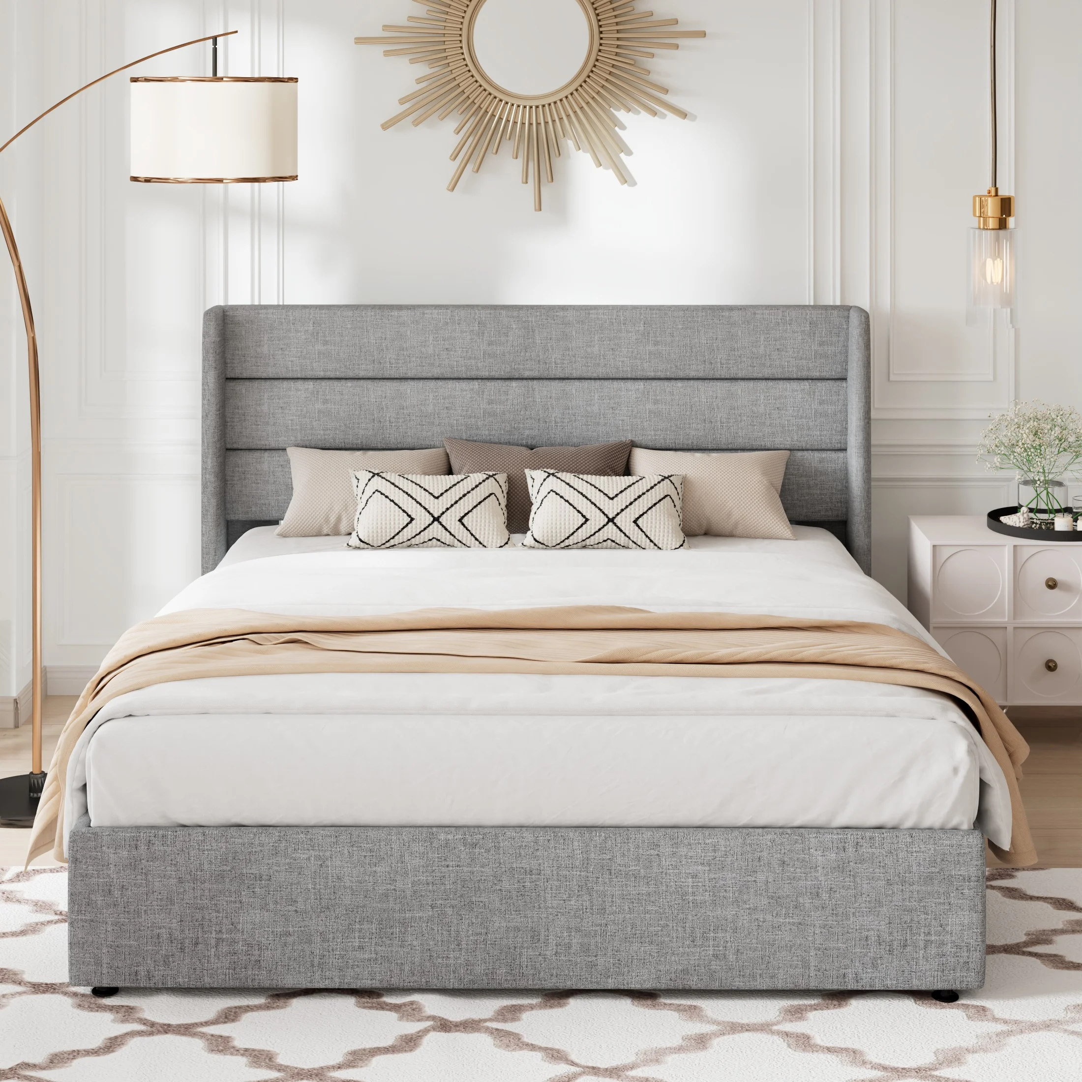 Allewie Queen Size Lift Up Platform Storage Bed Frame with Pannel Wingback Headboard, Light Beige - Inhomebuy