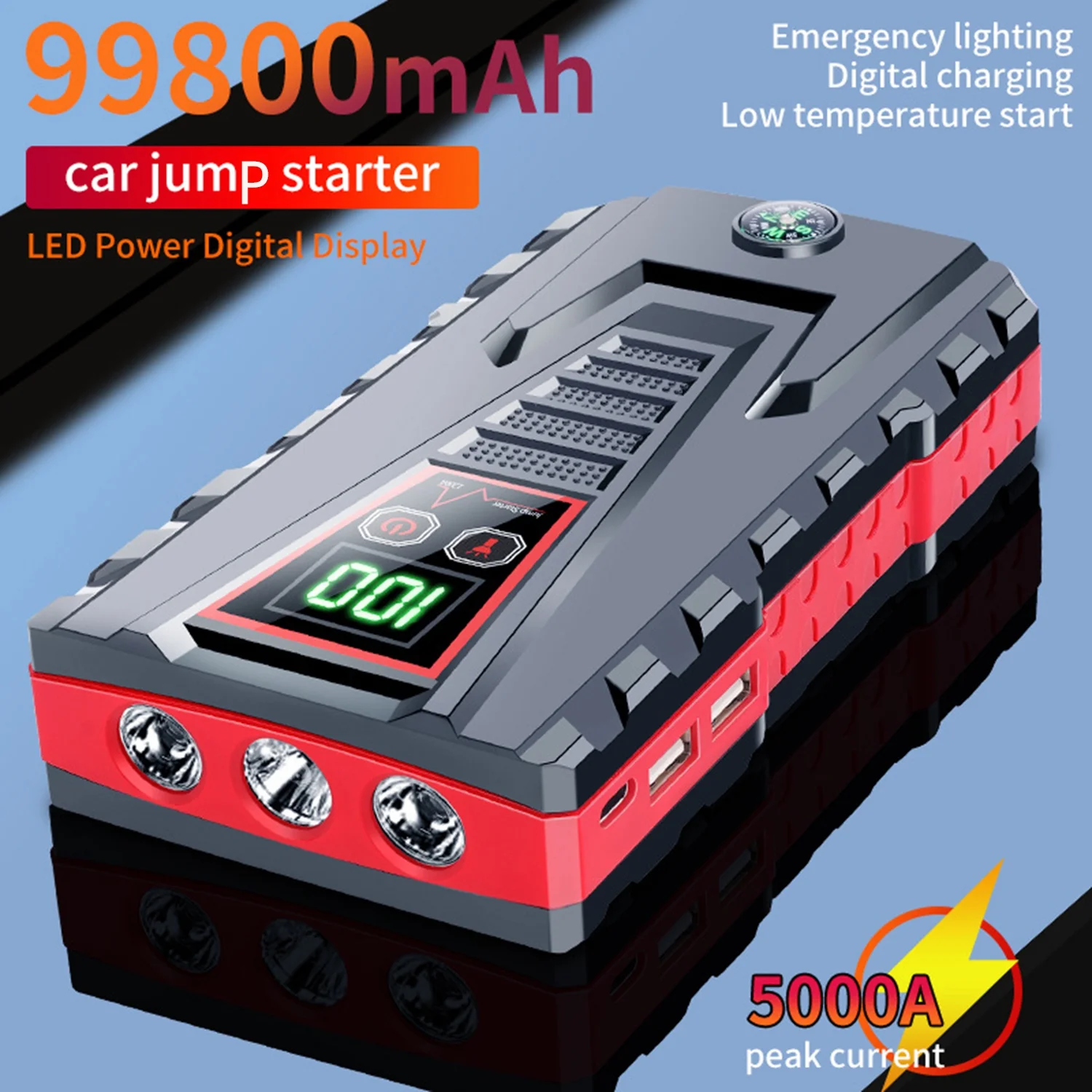 PRAXO Multi-functional Car Jump Starter, 5000A Peak 99800mAh Battery Jump Starter, 12V Car Battery Charger, Auto Battery Booster w/ LCD Display & 3 LED Modes, Portable Power Bank Charger - Inhomebuy