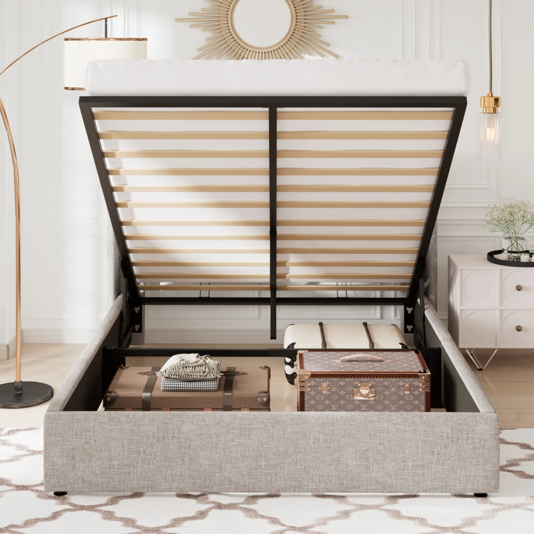 Allewie Queen Size Lift Up Platform Storage Bed Frame with Pannel Wingback Headboard, Light Beige - Inhomebuy