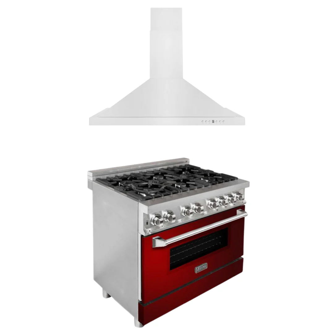 ZLINE 36 in. Dual Fuel Range with Red Gloss Door & 36 in. Range Hood Appliance Package, 2KP-RARGRH36 - Inhomebuy