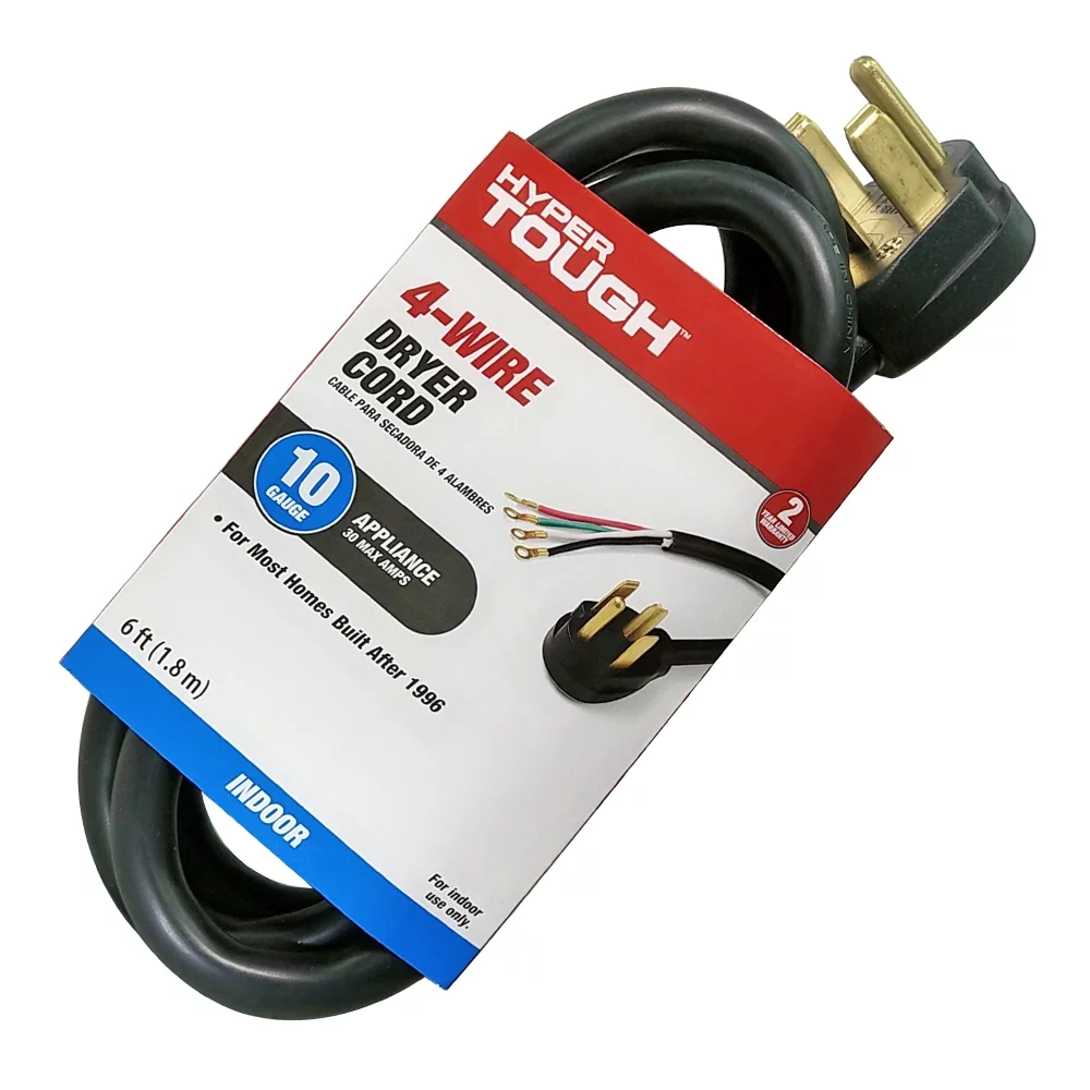 Hyper Tough 6FT 10AWG 4 Prong Black Dryer Appliance Cord - Inhomebuy