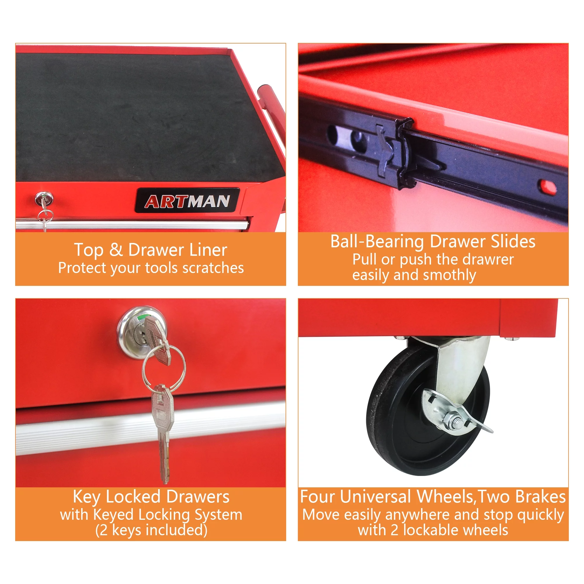 7 Drawers Rolling Tool Chest Cabinet with Wheels, Tool Storage Cabinet and Tool Box Organizer for Garage Warehouse Workshop, Red - Inhomebuy