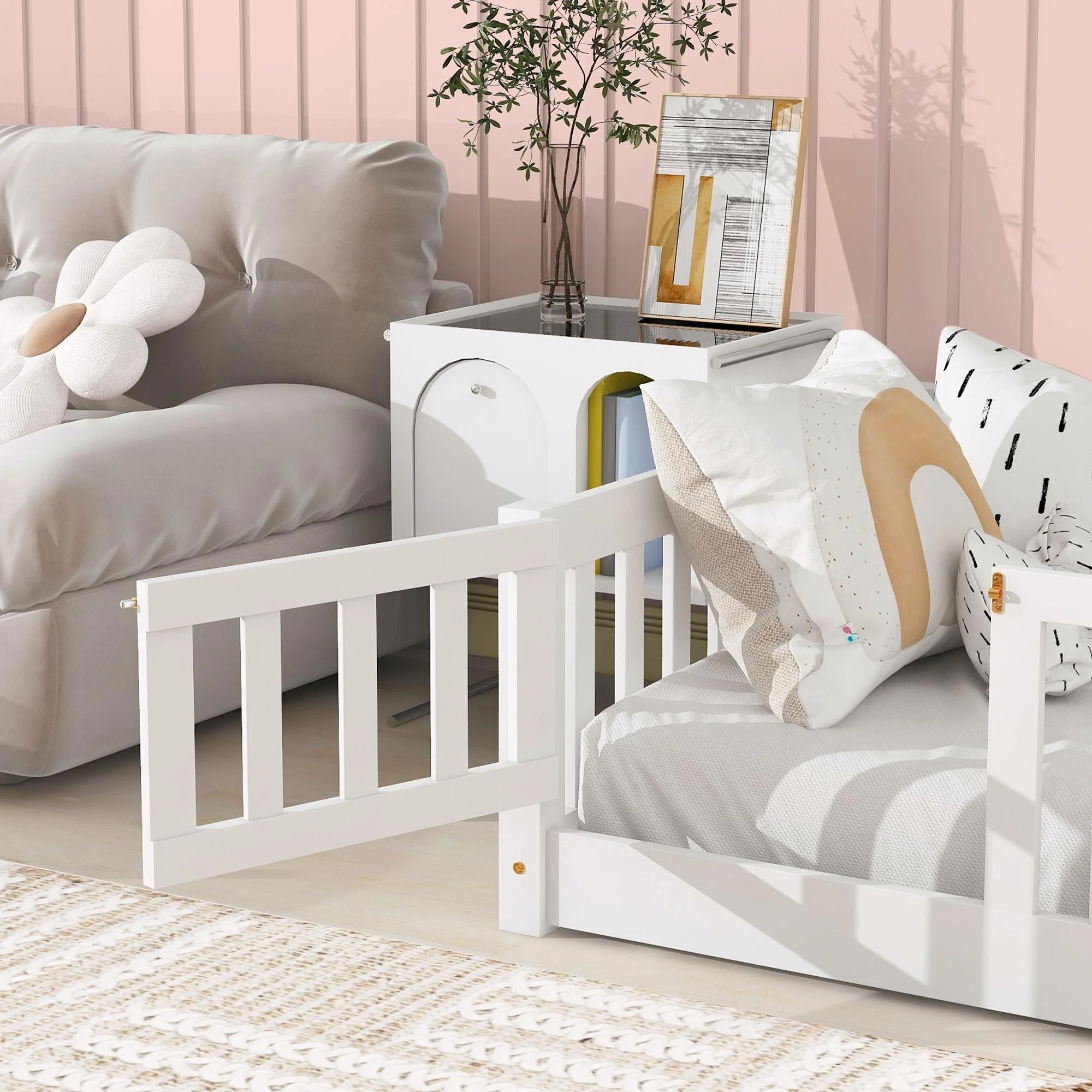 uhomepro Kids Toddler Bed with Fence and Door, Full Size Platform Bed Floor Bed, Wood Bed Frame No Box Spring Needed, Gray - Inhomebuy