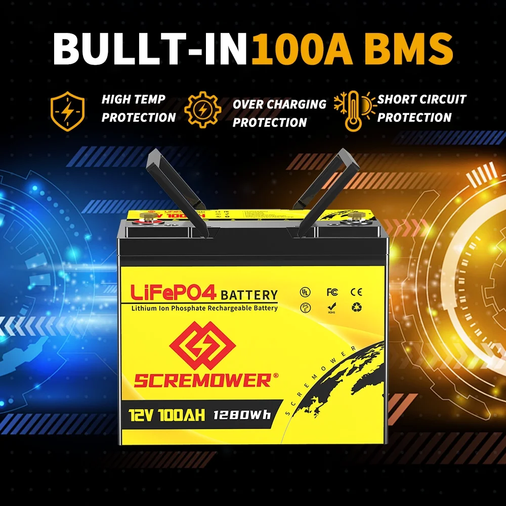 12V 100Ah LiFePO4 Lithium Battery 100A BMS for 300W Solar Pannel, Marine, RV,Camping - Inhomebuy