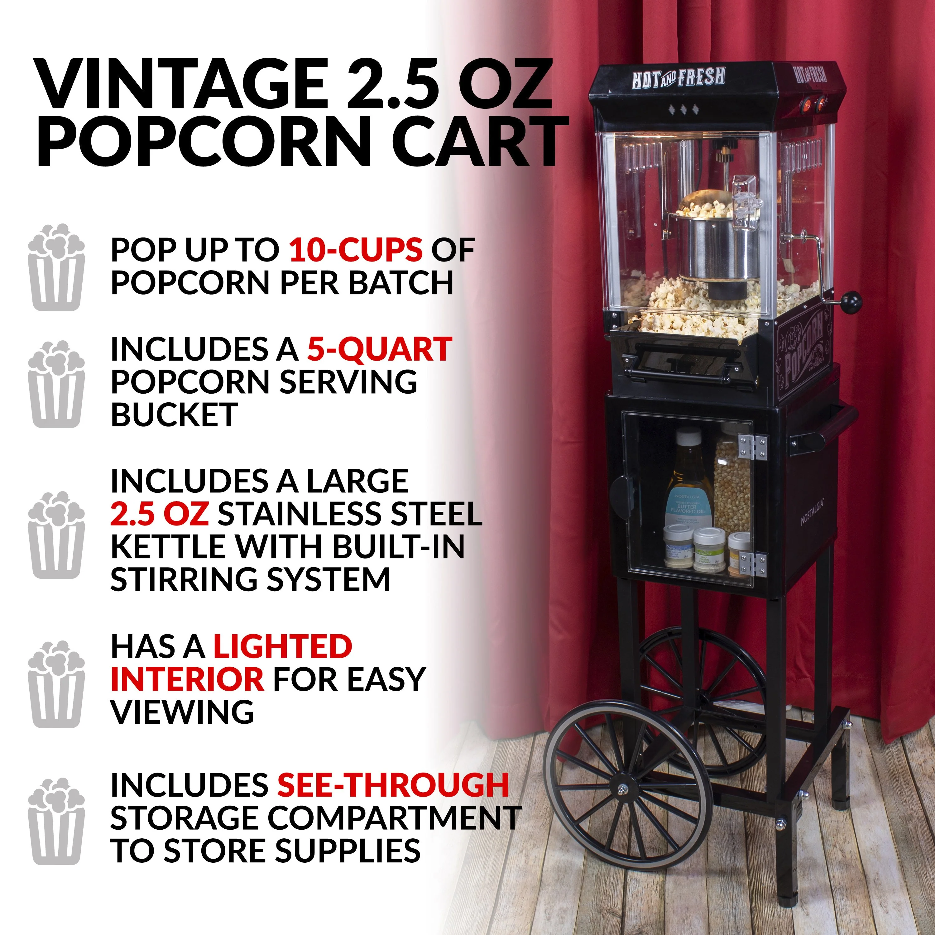 2.5 Ounce Popcorn Cart, 10-Cup, with 5-Quart Popcorn Bowl, 45-Inches Tall - Inhomebuy