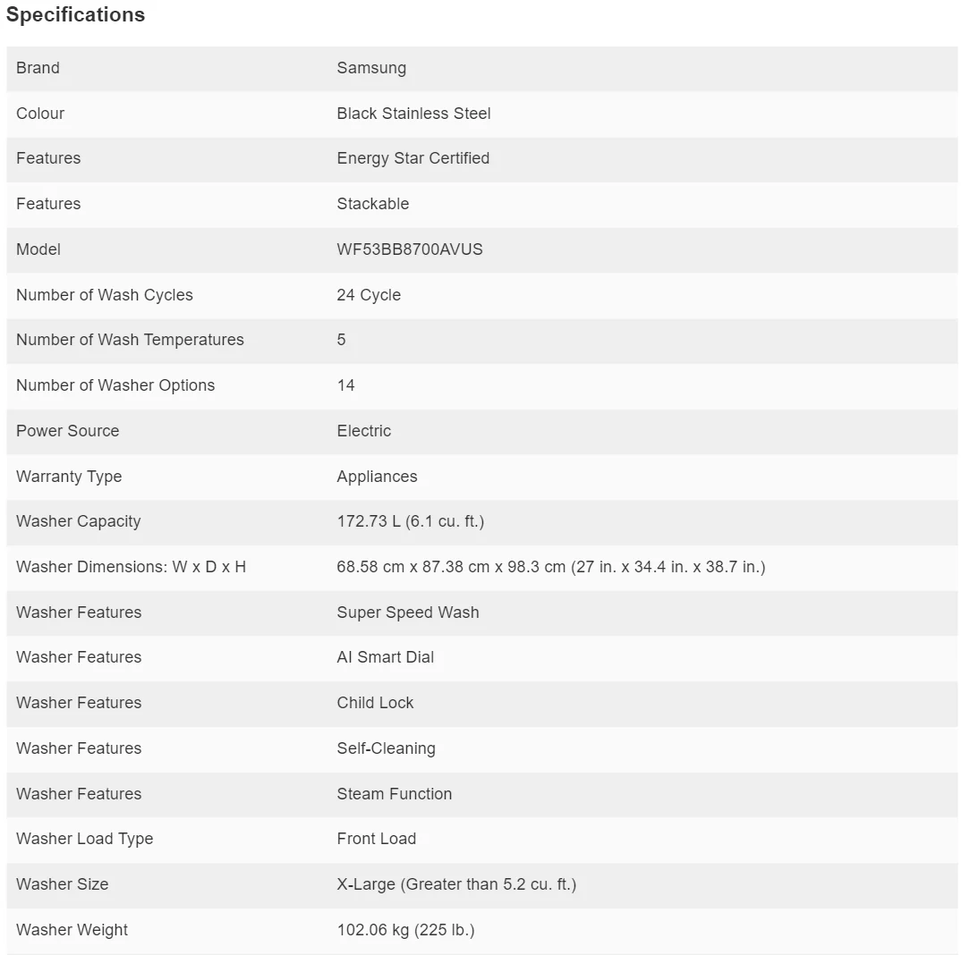 SAMSUNG BESPOKE 27 IN. 6.1 CU. FT. BLACK STAINLESS STEEL FRONT LOAD WASHER WITH SUPERSPEED FEATURE - - Inhomebuy