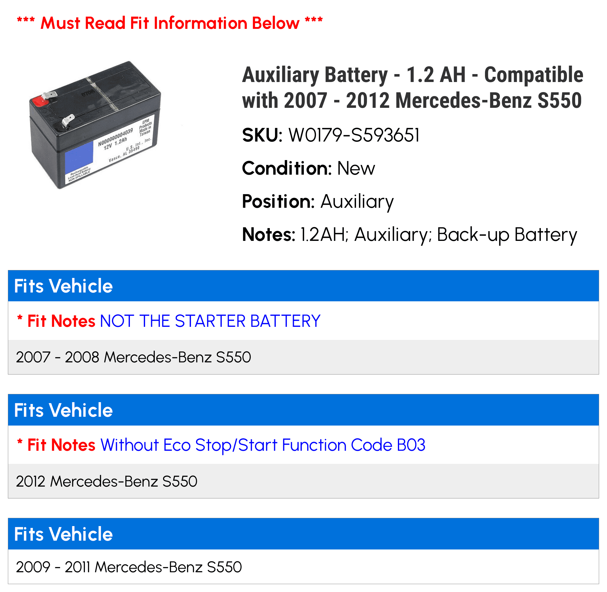 Auxiliary Battery - 1.2 AH - Compatible with 2007 - 2012 Mercedes-Benz S550 2008 2009 2010 2011 - Inhomebuy
