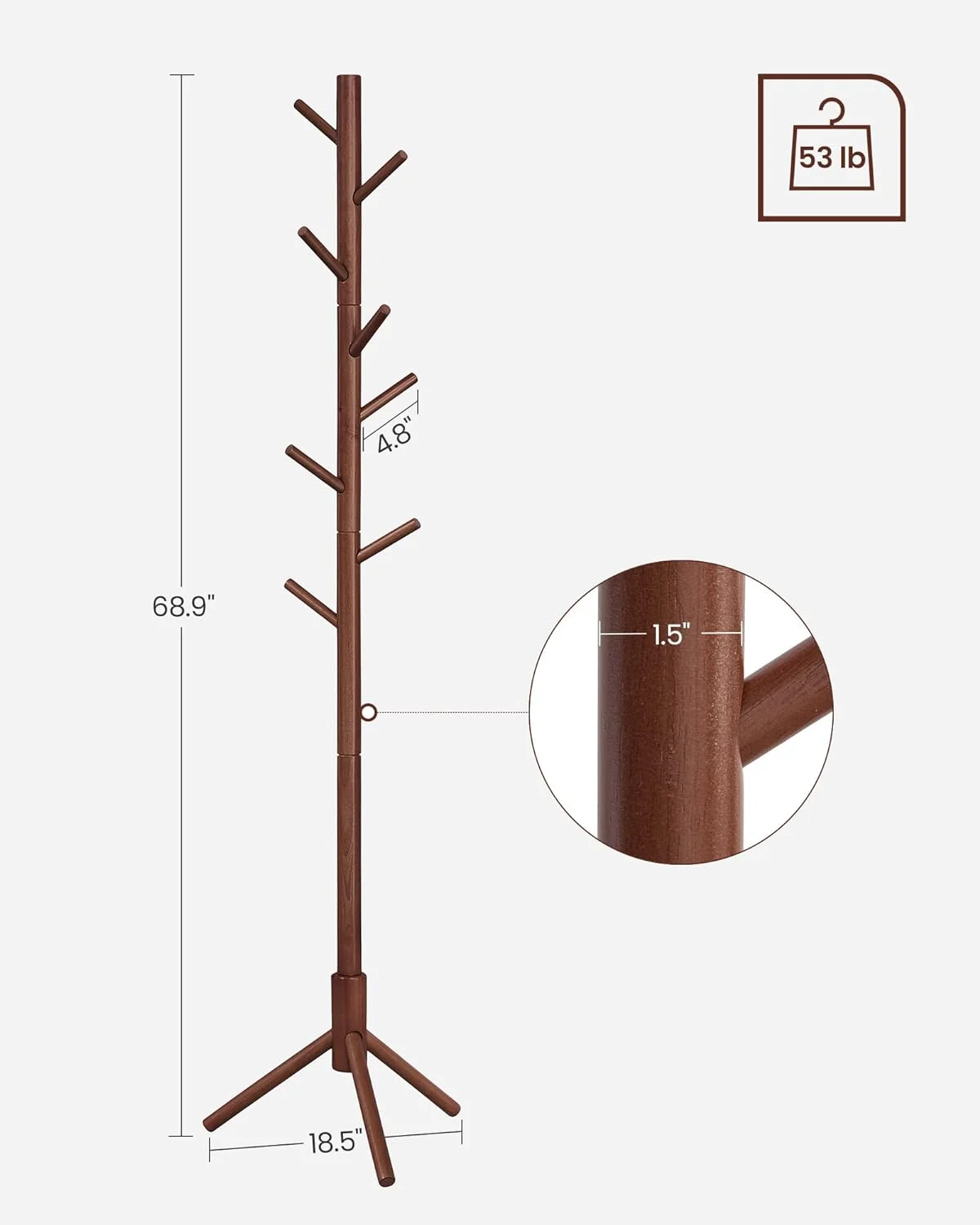 VASAGLE Coat Rack Solid Wood Free Standing Coat Rack Tree-Shaped Coat Rack with 8 Hooks for Clothes Hats Bags for Living Room Bedroom Dark Walnut - Inhomebuy