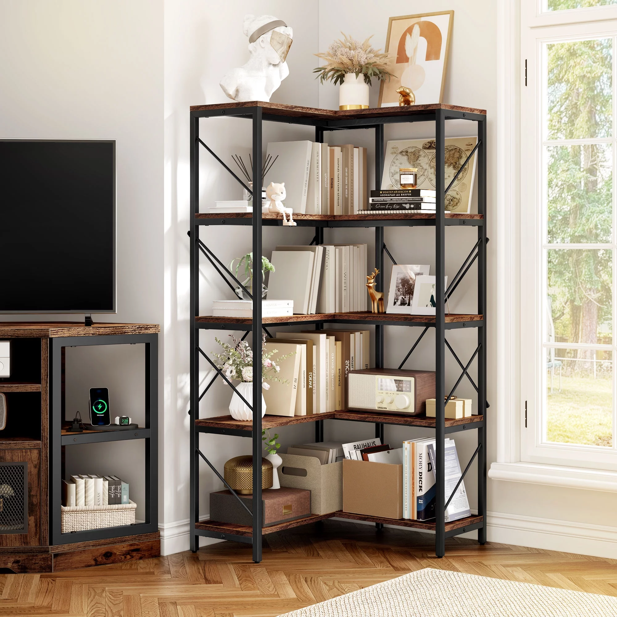 5-Tier L-Shaped Bookcase Storage Organizer, Tall Corner Bookshelf Open Display Freestanding Storage,Dark Gray - Inhomebuy