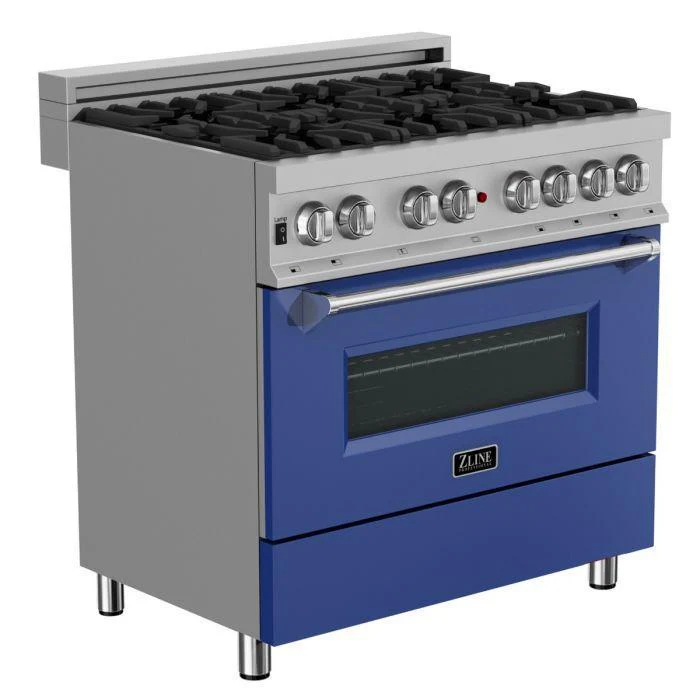 ZLINE 36 in. Professional Gas Burner/Electric Oven in DuraSnow® Stainless with Blue Matte Door, RAS-BM-36 - Inhomebuy