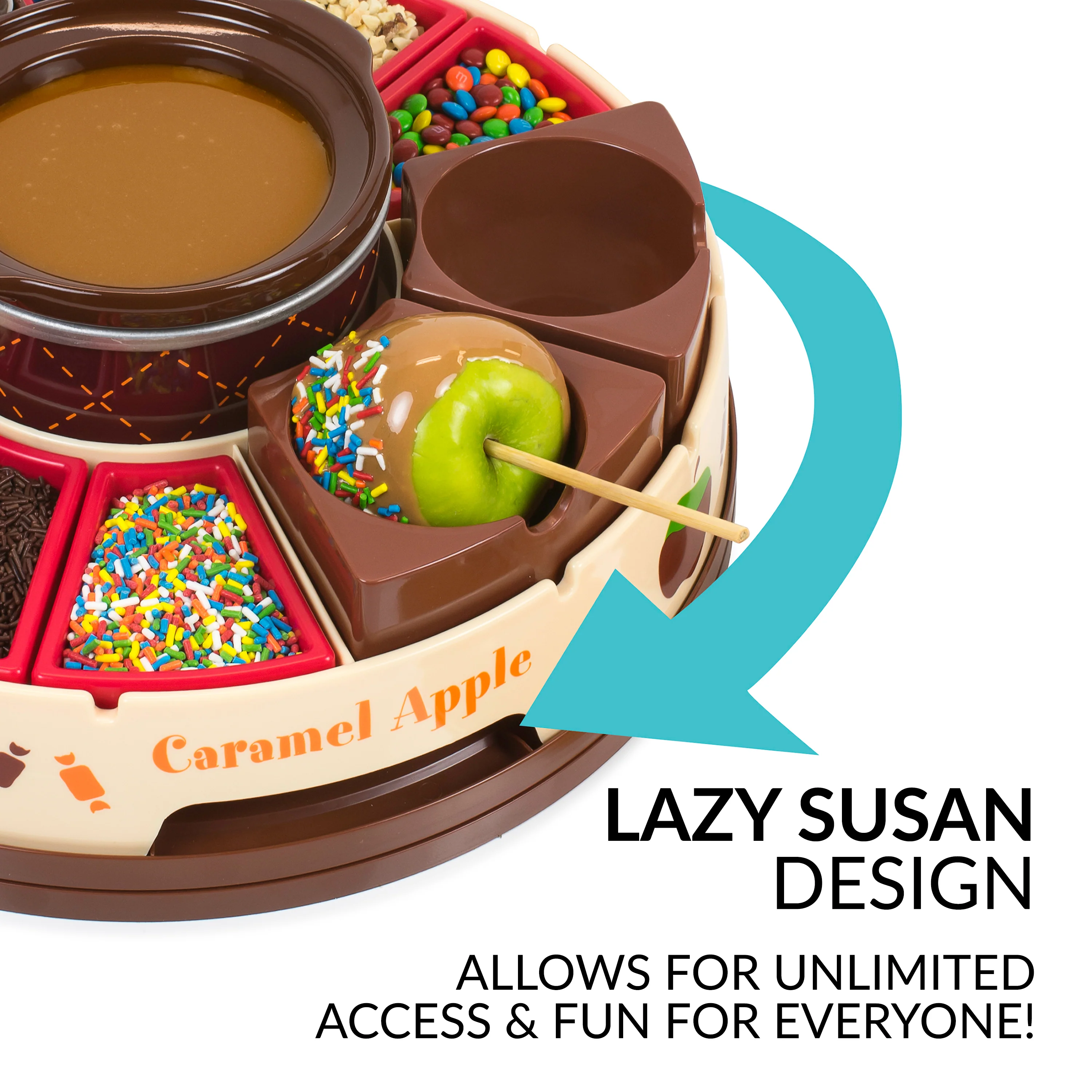 Lazy Susan Chocolate & Caramel Apple Party with Heated Fondue Pot, 25 Sticks, Decorating and Toppings Trays - Inhomebuy