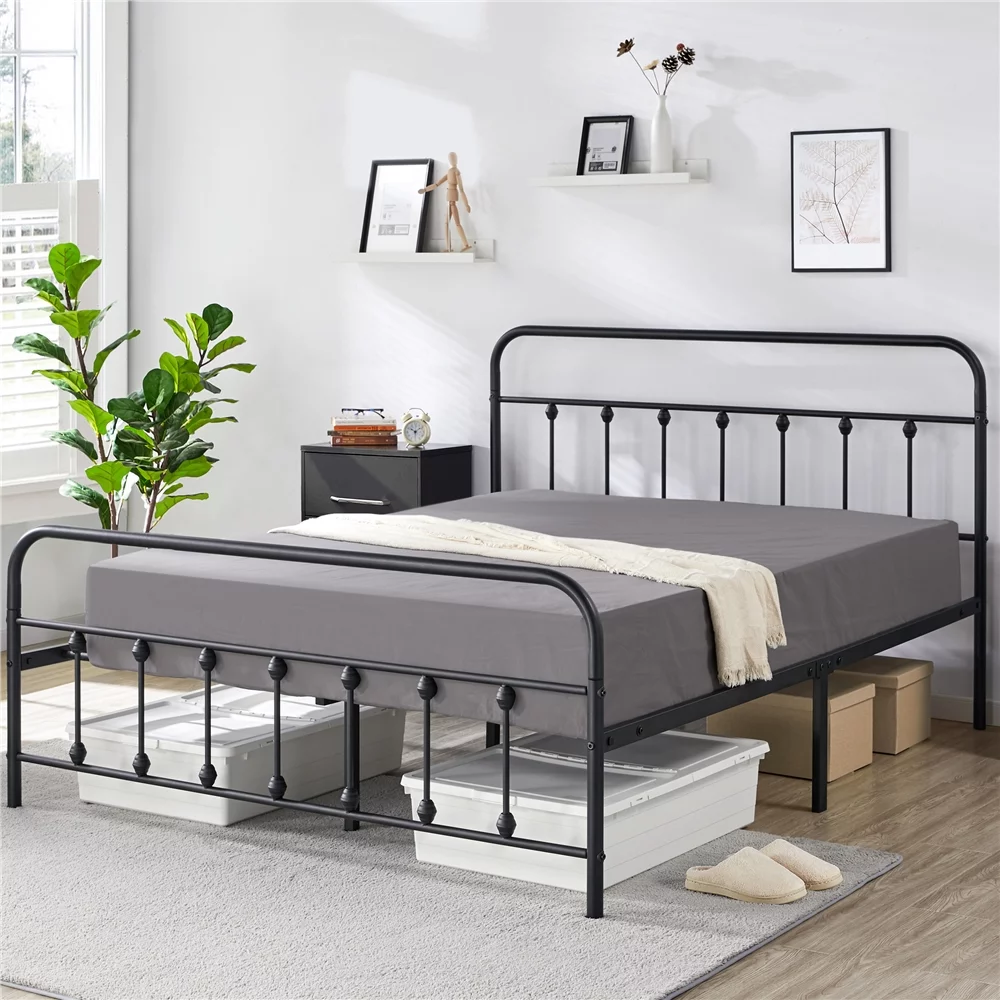Alden Design Metal Platform Queen Bed with High Headboard, Black - Inhomebuy