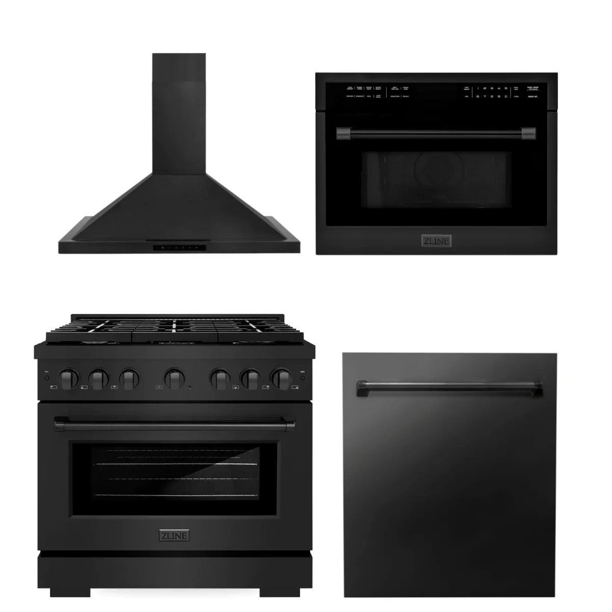 ZLINE Appliance Package - 36 in. Gas Range, Range Hood, Microwave Oven, Dishwasher - Black Stainless Steel, 4KP-RGBRH36-MODW - Inhomebuy