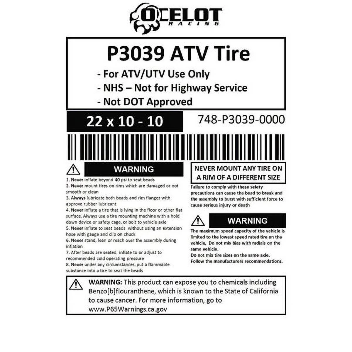 22 x 10 - 10 Ocelot P3039 ATV Tire - Inhomebuy