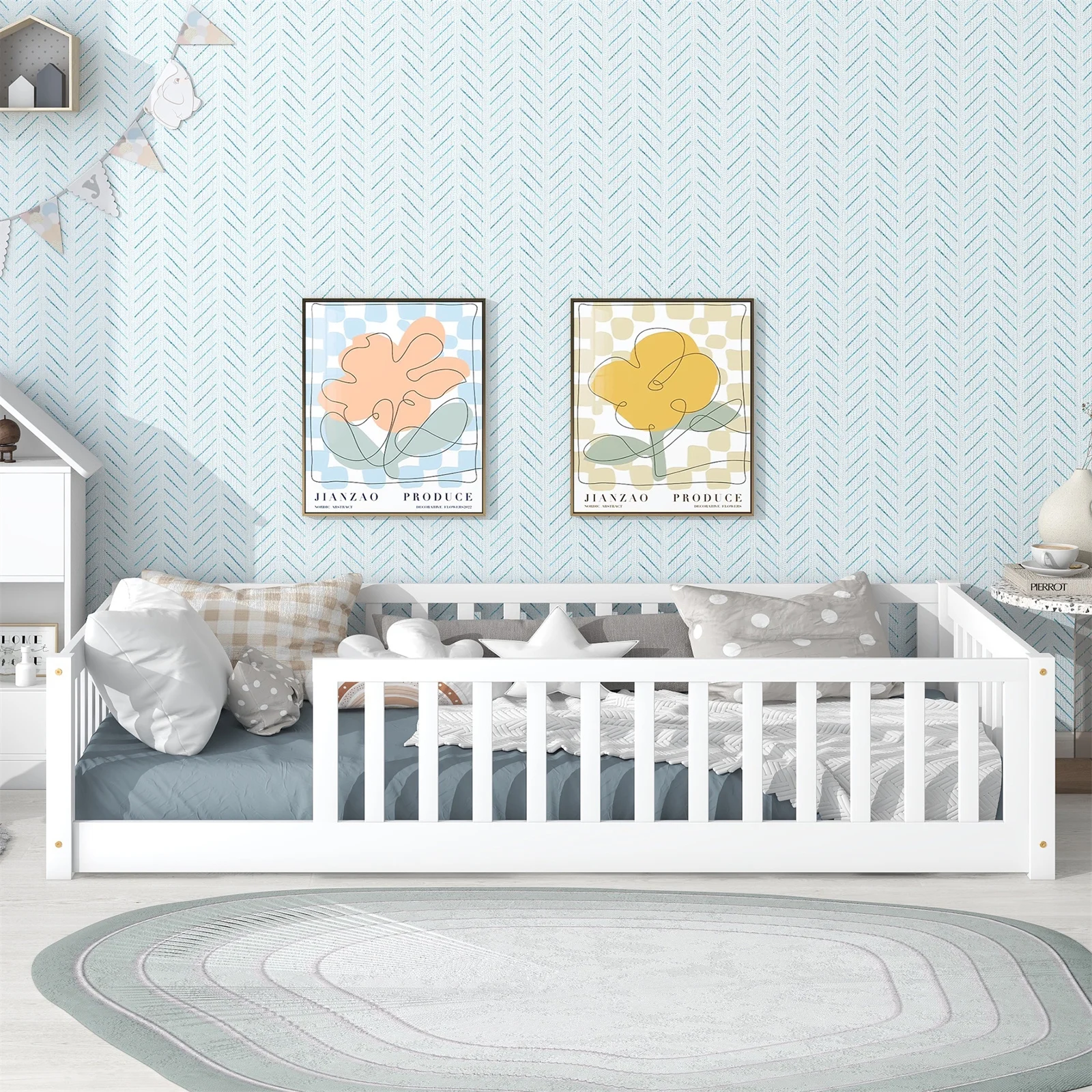 Twin Floor Bed Frame for Toddler, Montessori Floor Bed with Fence and Wood Slats, Low Wood Platform Beds for Girls Boys Kids Happy Time, White - Inhomebuy