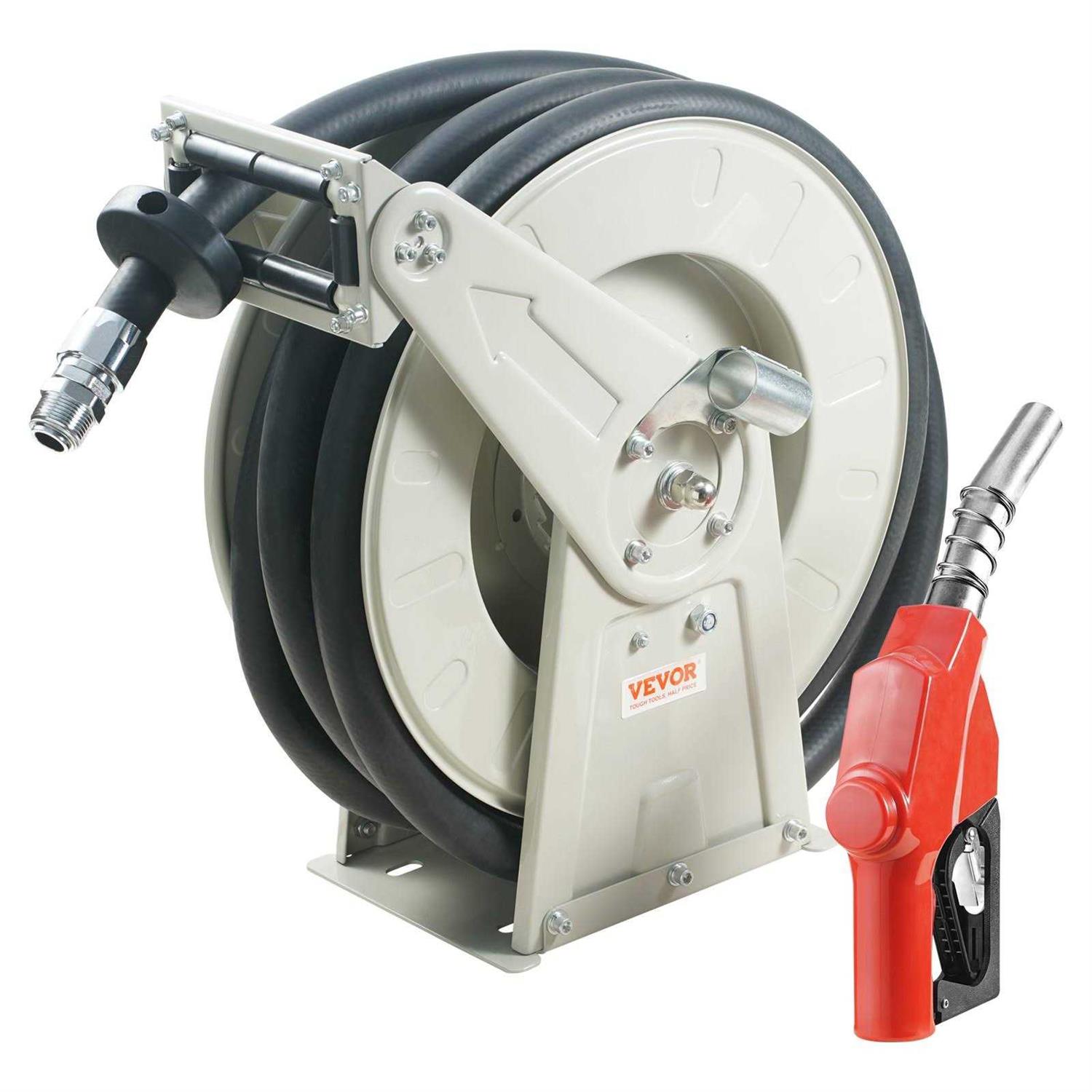 VEVOR Fuel Hose Reel 1 x 50′ Extra Long Retractable Diesel Hose Reel Heavy-Duty Carbon Steel Construction with Automatic Fuel Nozzle Nbr Rubber - Inhomebuy