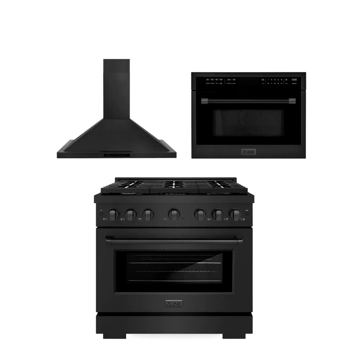 ZLINE Appliance Package - 36 in. Gas Range, Range Hood, Microwave Oven - Black Stainless Steel, 3KP-RBGRH36-MO - Inhomebuy