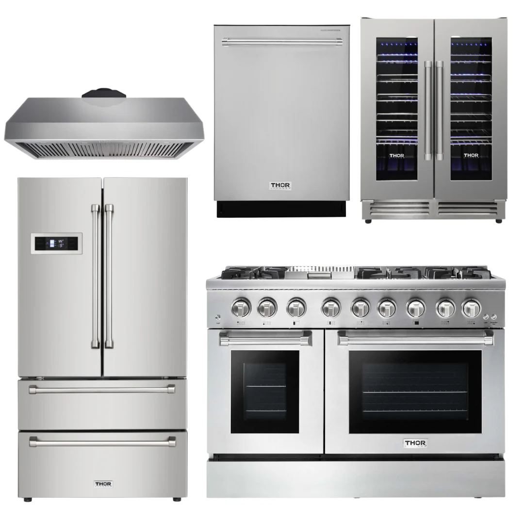 Thor Kitchen Package - 48 inch Dual Fuel Range, Range Hood, Refrigerator, Dishwasher, Wine Cooler, AP-HRD4803U-4 - Inhomebuy