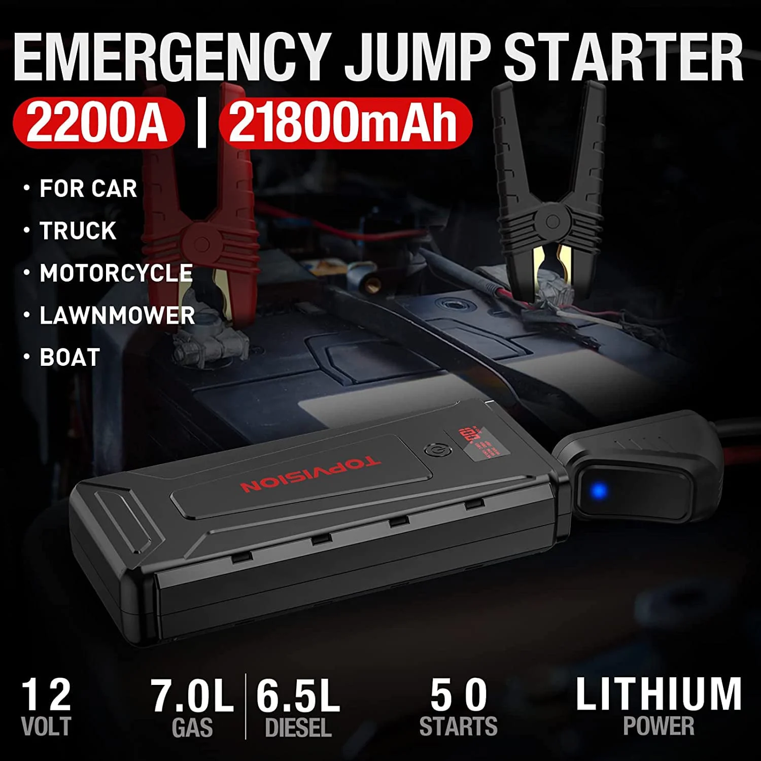 TOPVISION 2500A Car Jump starter Powerful Car Jump Starter with Dual USB Quick Charge and DC Output,12V Jump Pack with Built-in LED Bright Light - Inhomebuy