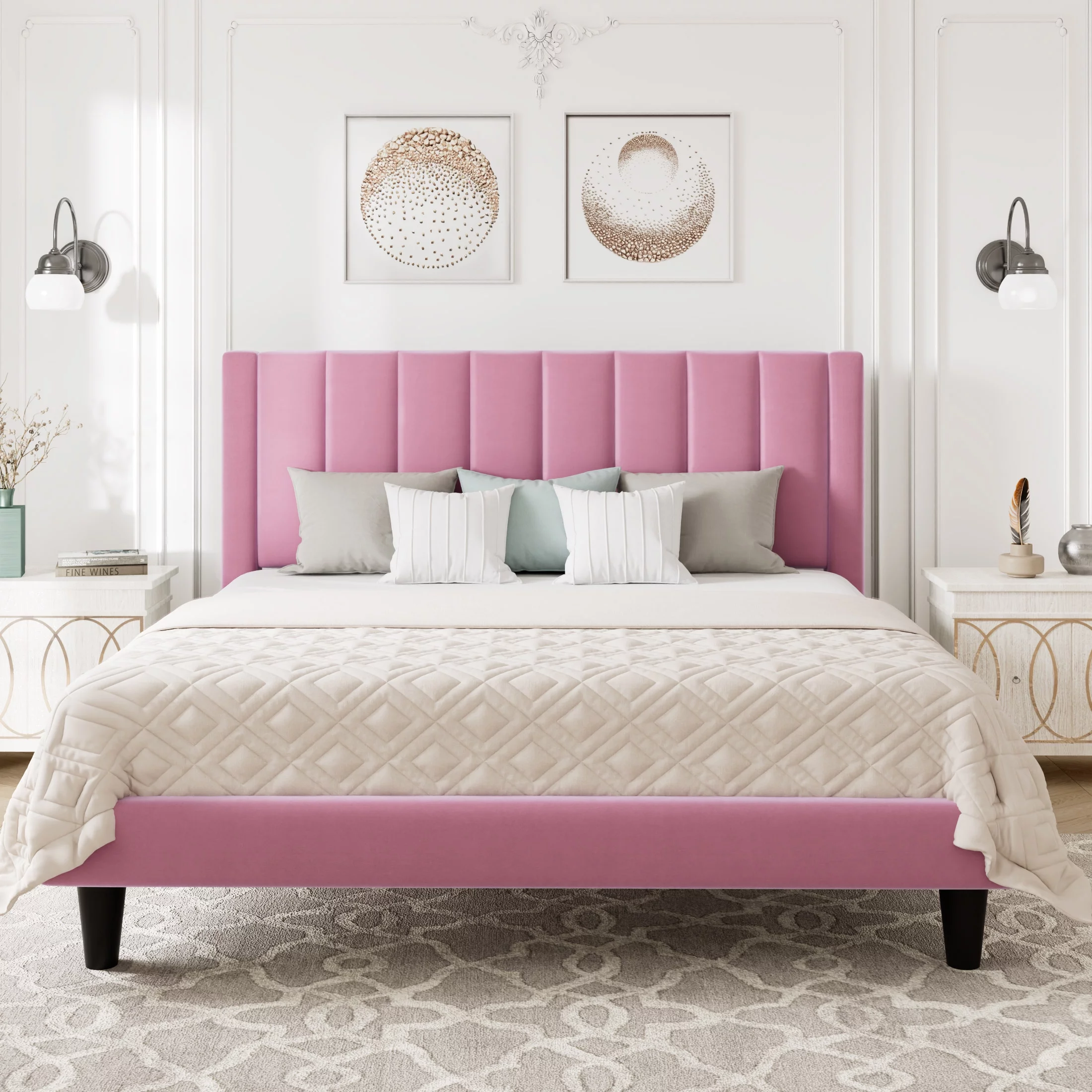 Allewie Queen Velvet Upholstered Bed Frame with Vertical Channel Tufted Headboard, Light Pink - Inhomebuy