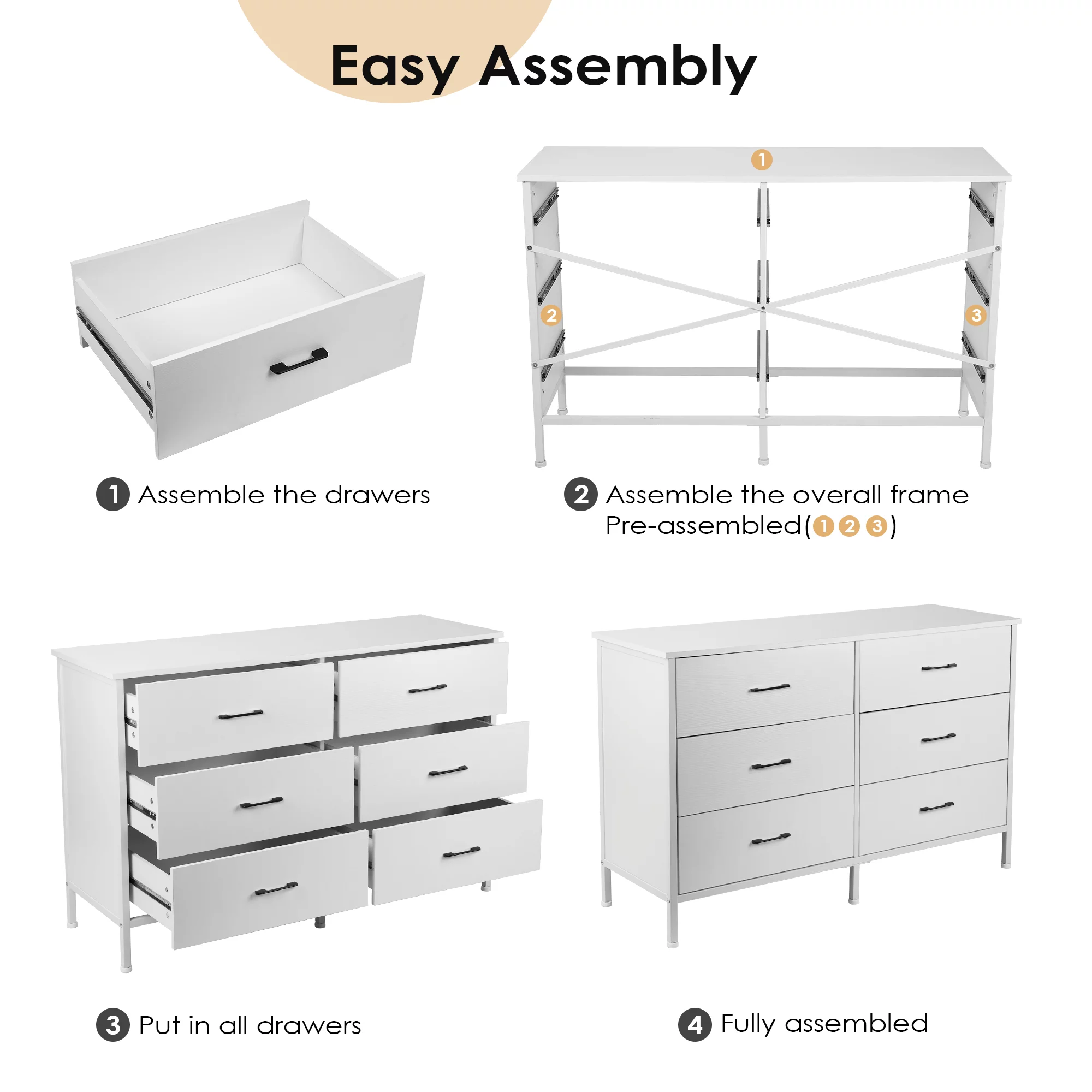 47.3'' Drawer Dresser Chest of 6 Drawers, Storage Dresser Tower for Bedroom, Living Room, Hallway, Nursery, White Storage Cabinet Wooden Dresser with Steel Frame, White - Inhomebuy