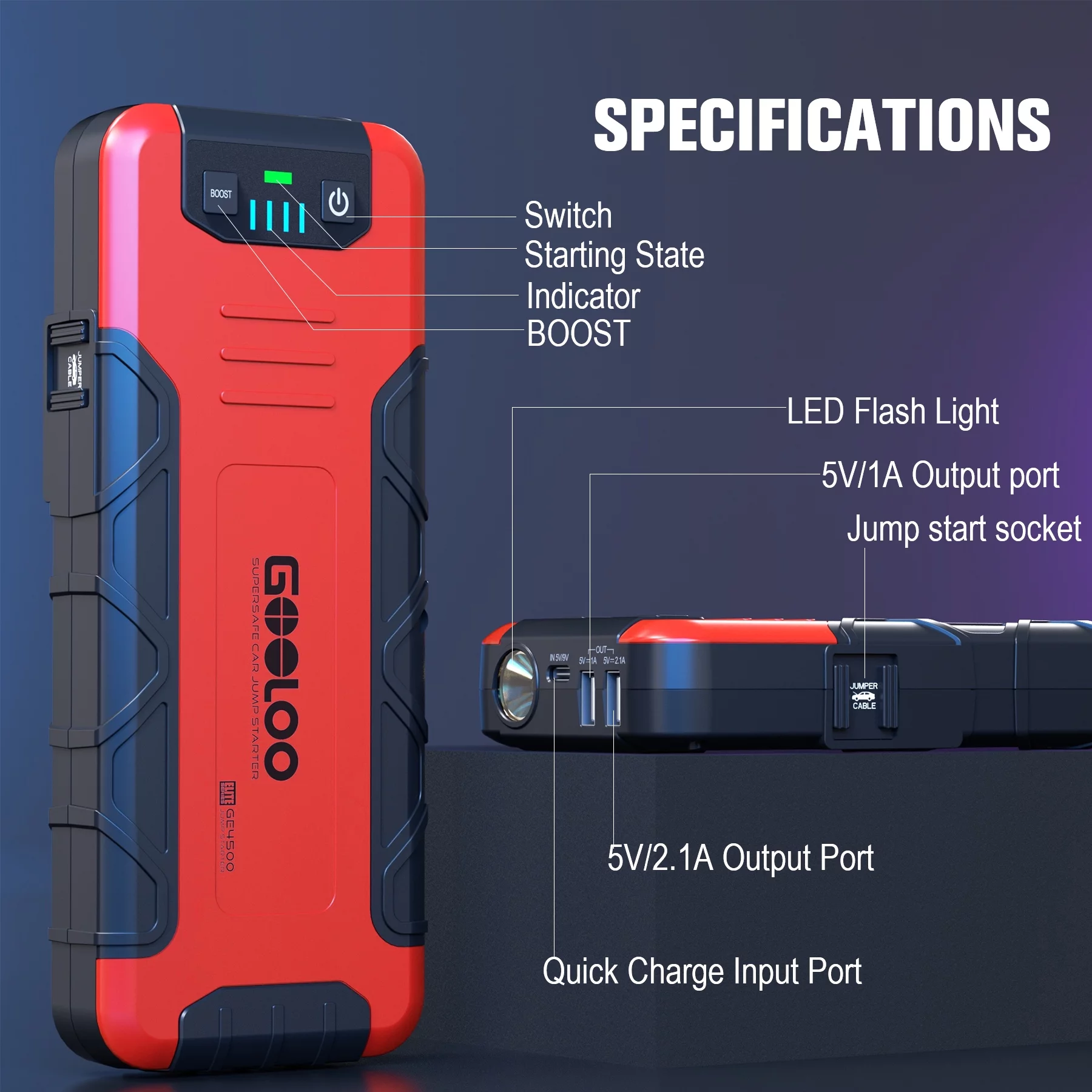 GOOLOO Car Battery Jump Starter,4500A Peak Jump Starter with USB Quick Charge (for 10L Gas or Up to 8L Diesel),GE4500 12V Jumper Pack with LED Light Powerful - Inhomebuy