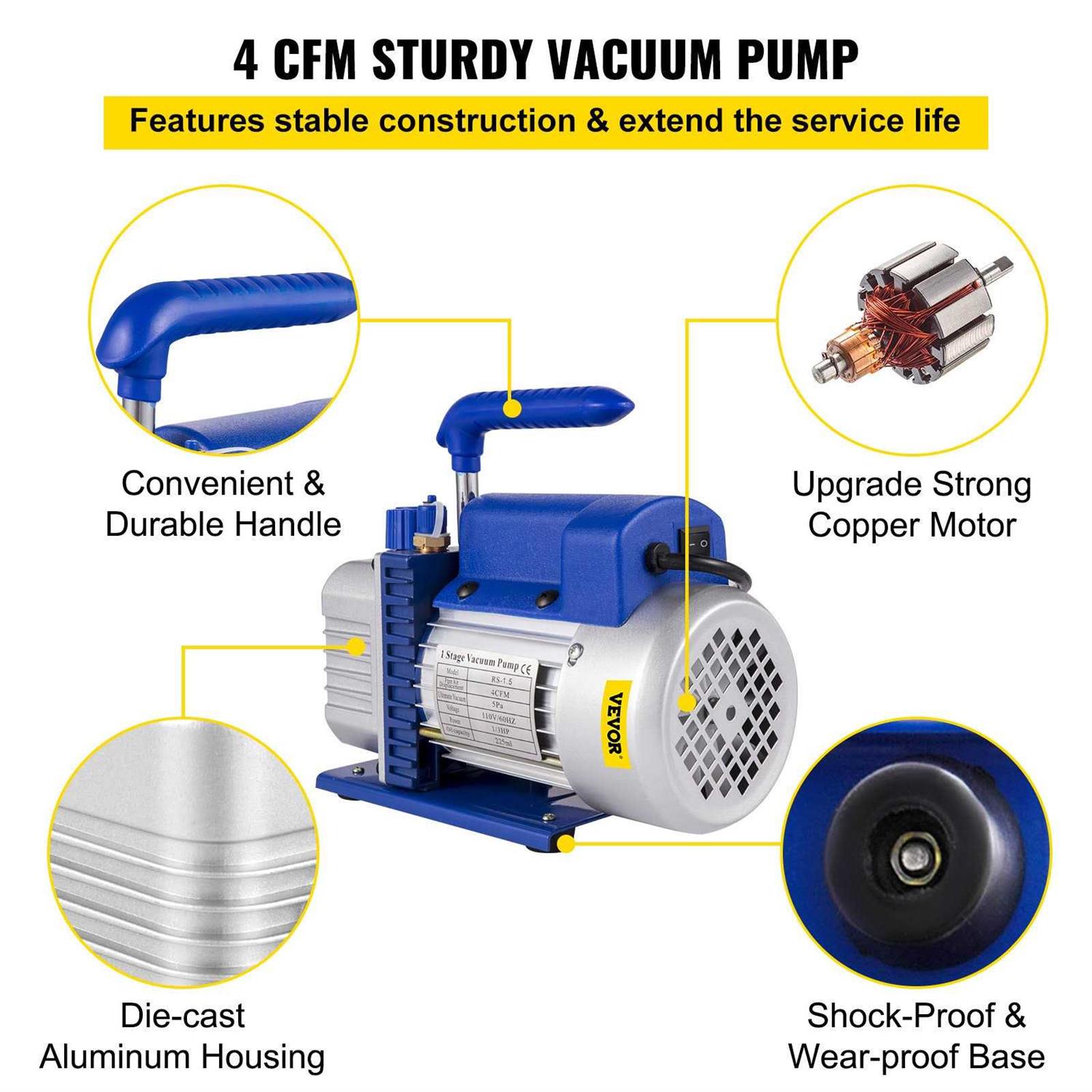 VEVOR Vacuum Pump 12 CFM 1 HP Double Stage Air Conditioning Vacuum Pump 110V Ultimate Vacuum Refrigerant Hvac VP280ZKB000000001V1 - Inhomebuy