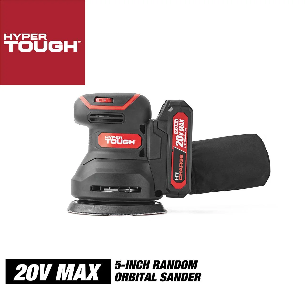 Hyper Tough 20V 2.0Ah Battery Powered 5-inch Cordless Random Orbital Sander, 6604.3 - Inhomebuy