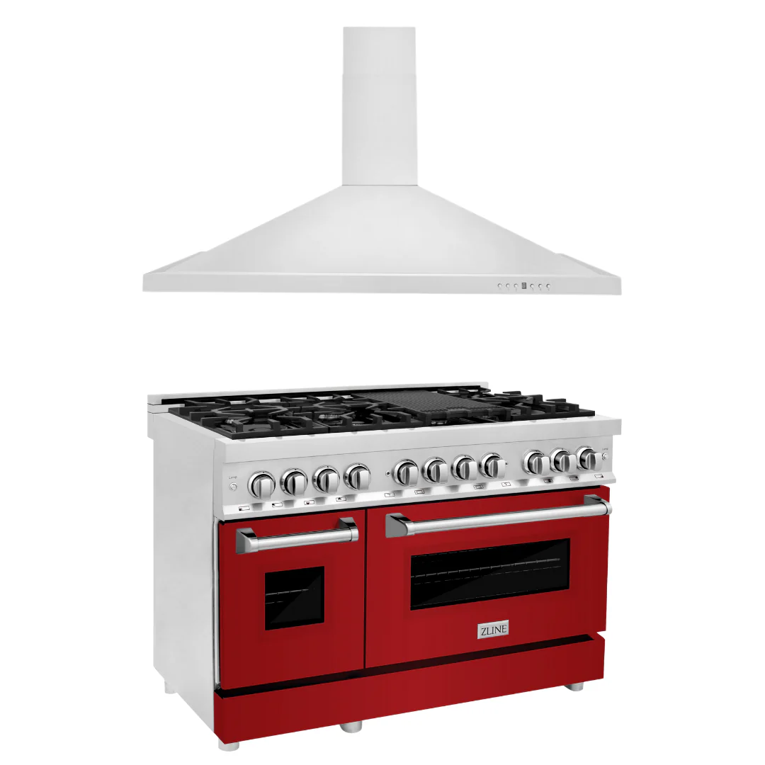 ZLINE 48 in. Dual Fuel Range with Red Gloss Door & 48 in. Range Hood Appliance Package, 2KP-RARGRH48 - Inhomebuy