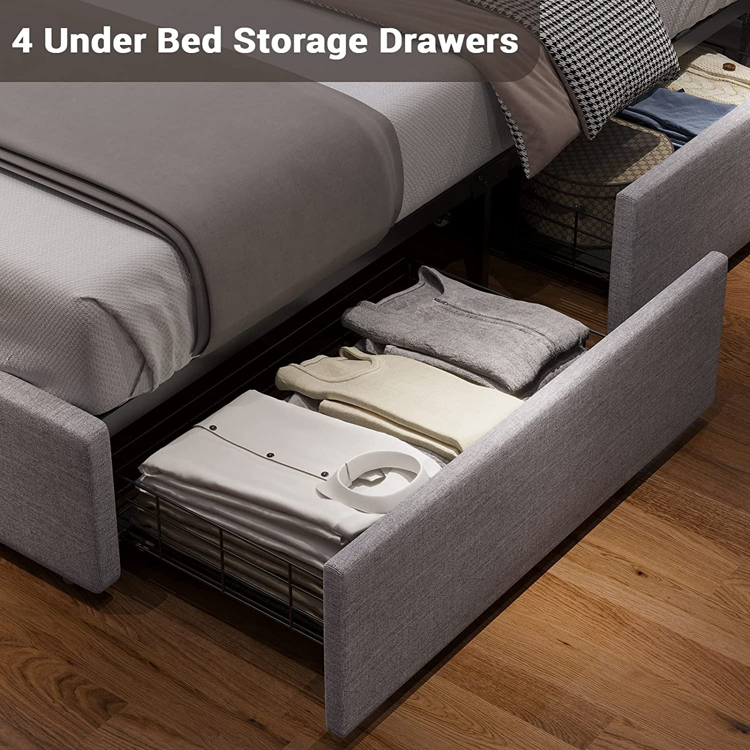 ADORNEVE Queen Size LED Bed Frame with Drawers, Upholstered Platform Bed with 2 USB Charging Station, No Box Spring Needed, Light Grey - Inhomebuy