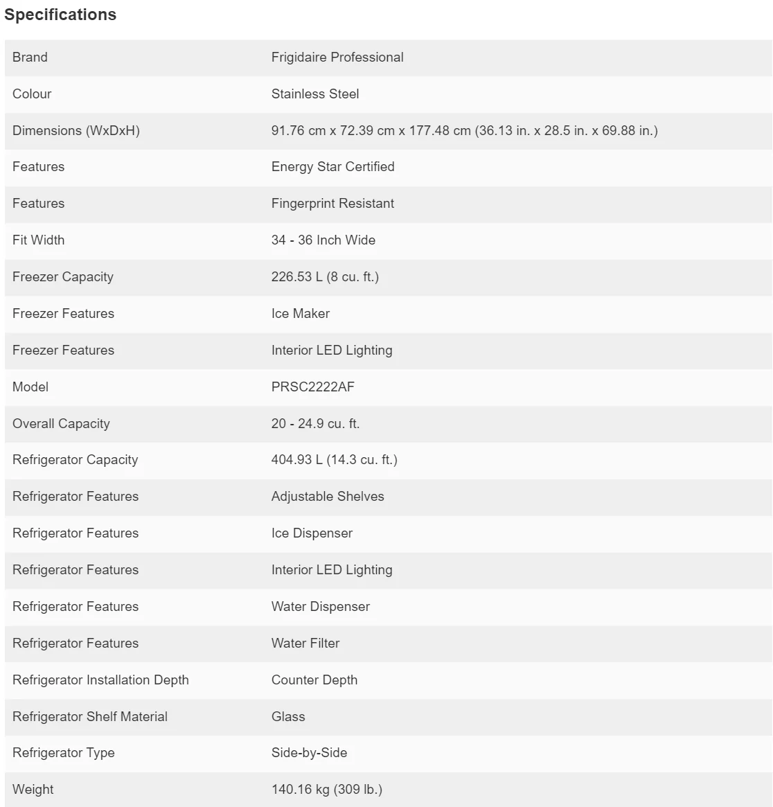 FRIGIDAIRE PROFESSIONAL 36 IN. 22.3 CU. FT. STAINLESS STEEL COUNTER DEPTH SIDE-BY-SIDE REFRIGERATOR - Inhomebuy
