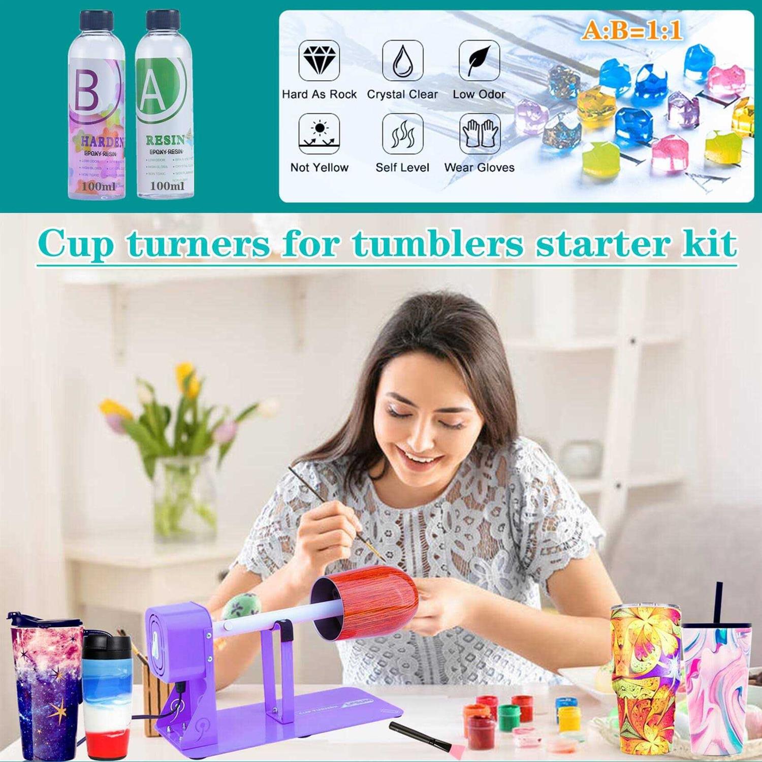Cup Turner for Crafts Tumbler,Tumbler Cup Spinner,glitter Powder,Epoxy Resin kit for Tumblers for Beginners with Epoxy and Heat Gun - Inhomebuy