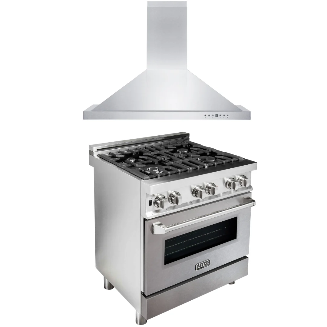ZLINE 30 in. Dual Fuel Range with DuraSnow® Door & 30 in. Range Hood Appliance Package, 2KP-RASNRH30 - Inhomebuy