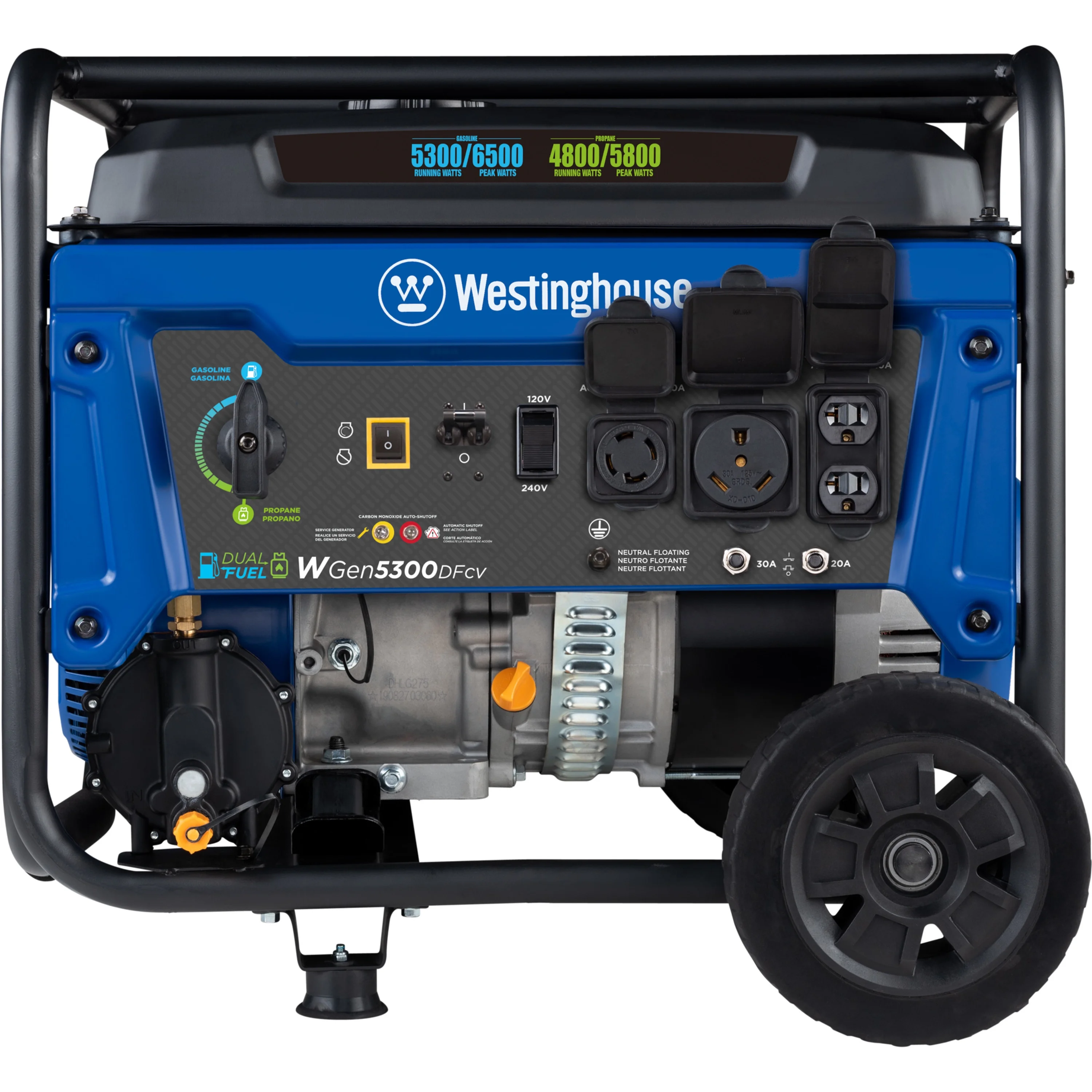 Westinghouse 6500 Peak Watt Home Backup Dual Fuel Portable Generator with CO Sensor and Wheel Kit - Inhomebuy
