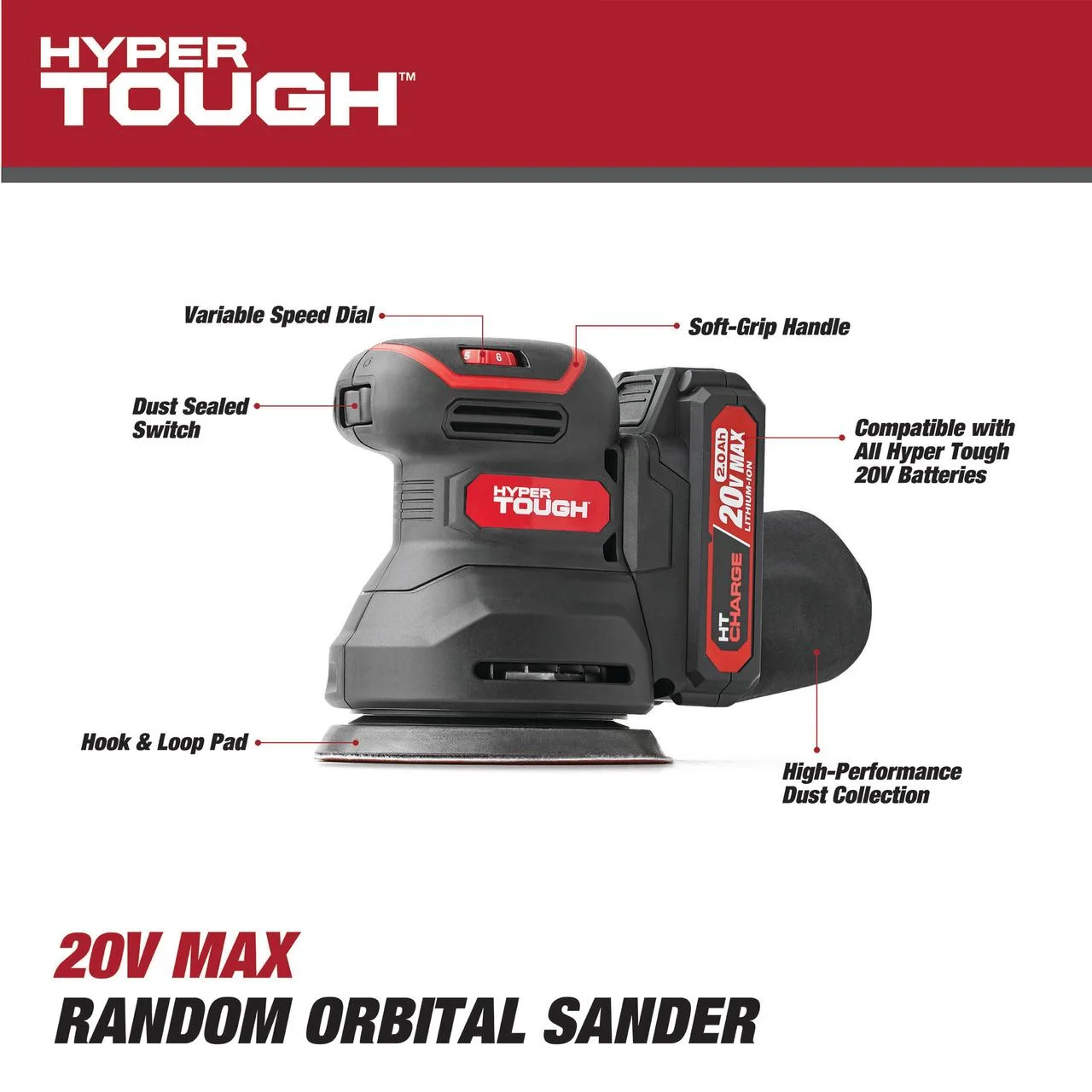 Hyper Tough 20V 2.0Ah Battery Powered 5-inch Cordless Random Orbital Sander, 6604.3 - Inhomebuy