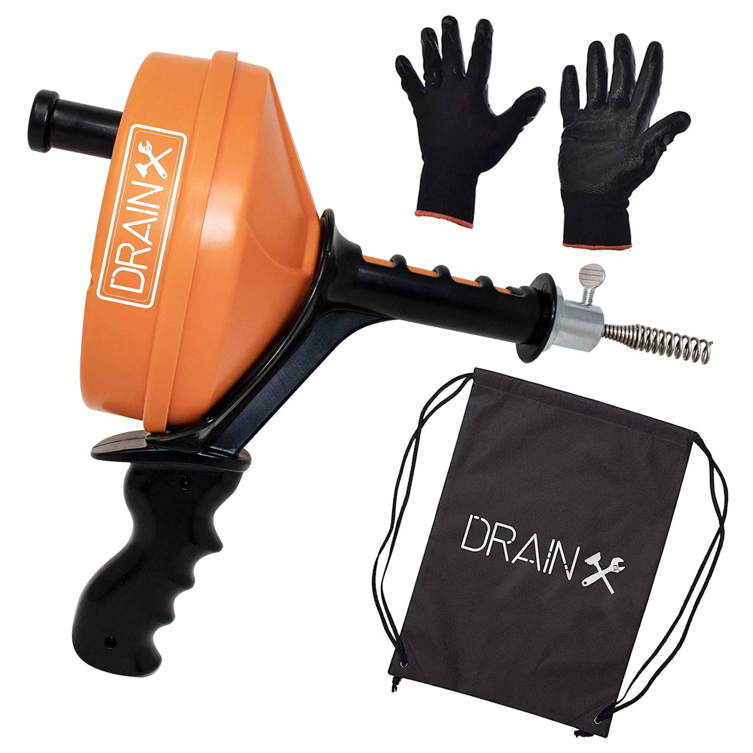 Drainx Heavy-Duty-Steel Pro Drum Drain Auger, 25 Ft., with Work Gloves and Carrying Pouch - Inhomebuy