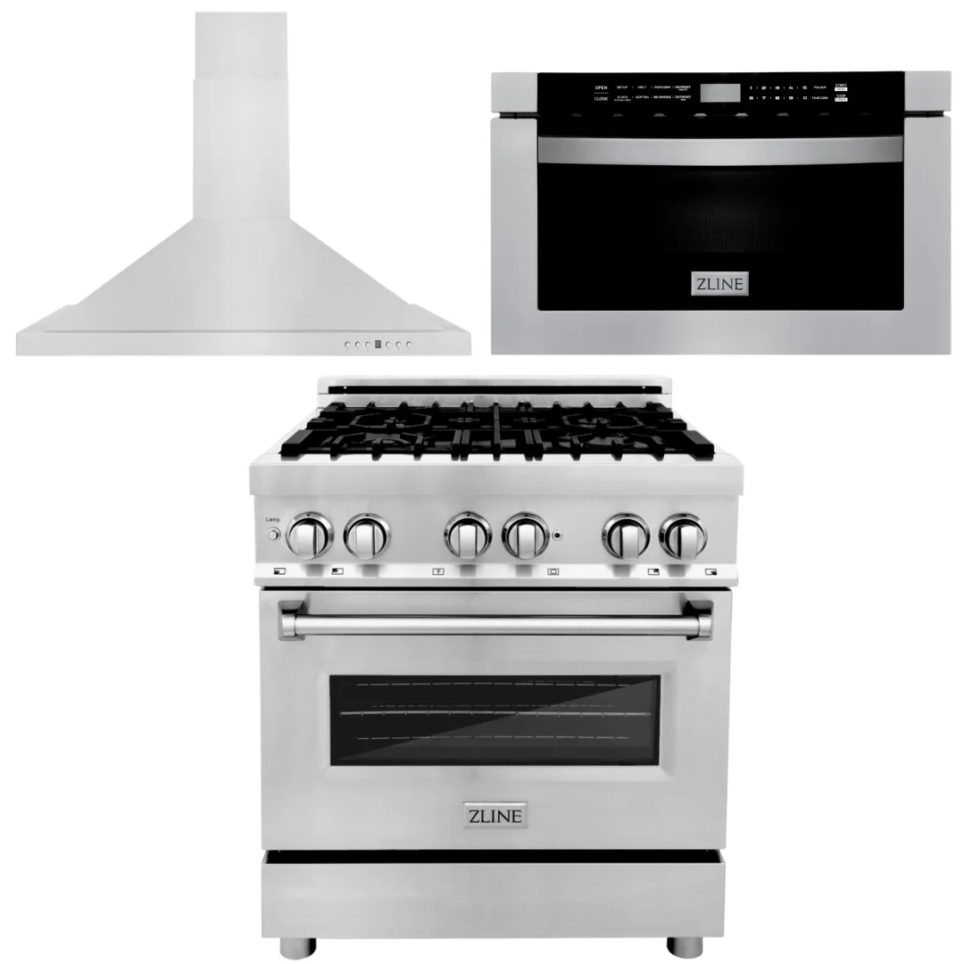 ZLINE Appliance Package - 30 in. Dual Fuel Range, 30 in. Range Hood, Microwave Drawer, 3KP-RARH30-MW - Inhomebuy