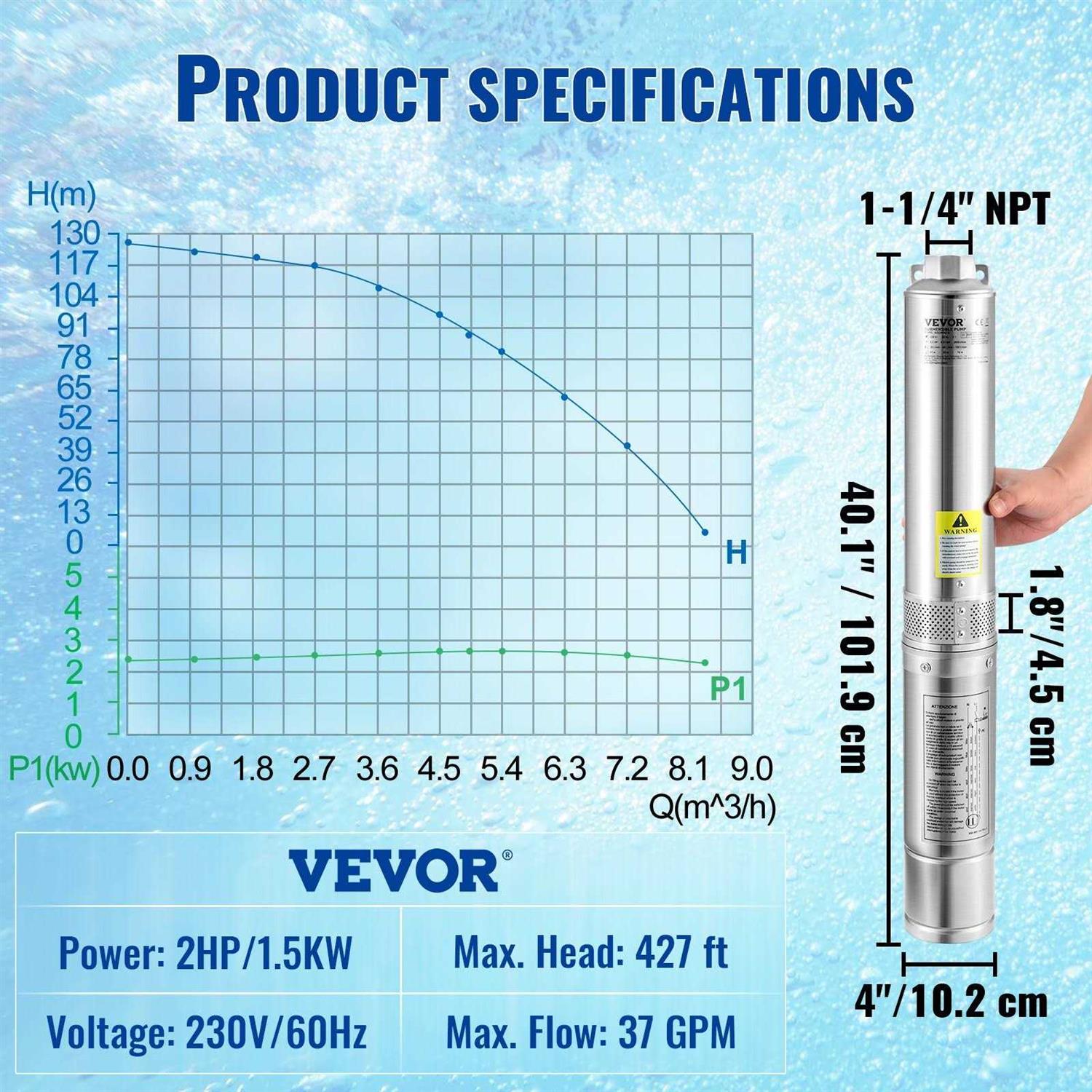 VEVOR Deep Well Submersible Pump 230V/60Hz 37GPM Head - Inhomebuy